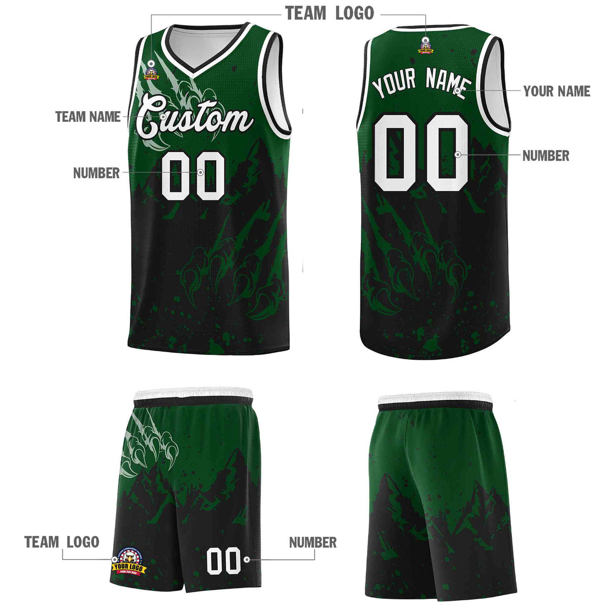 Custom Green Black Snow Mountain Beast Pattern Sports Uniform Basketball Jersey| KXKSHOP