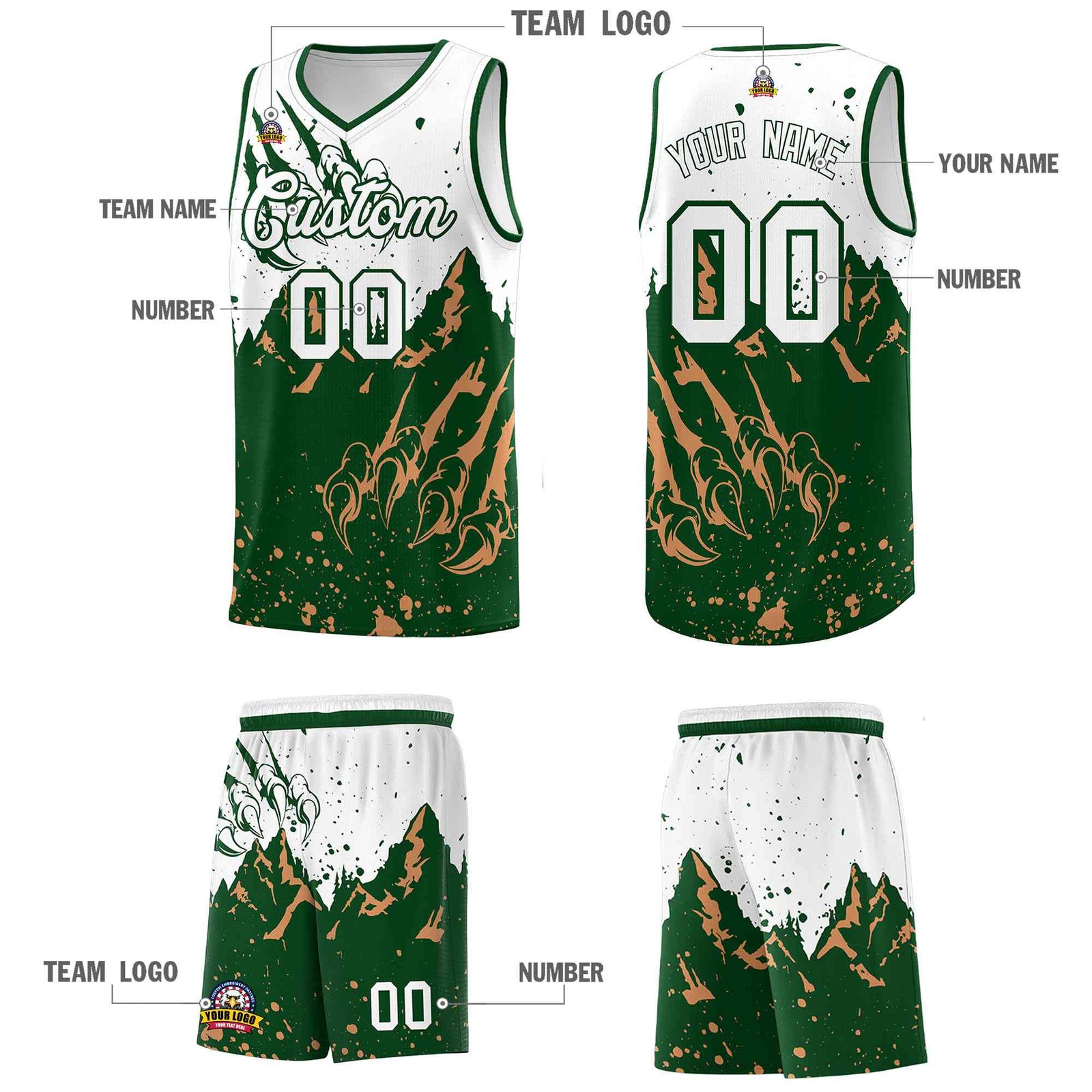 Custom White Green Snow Mountain Beast Pattern Sports Uniform Basketball Jersey| KXKSHOP