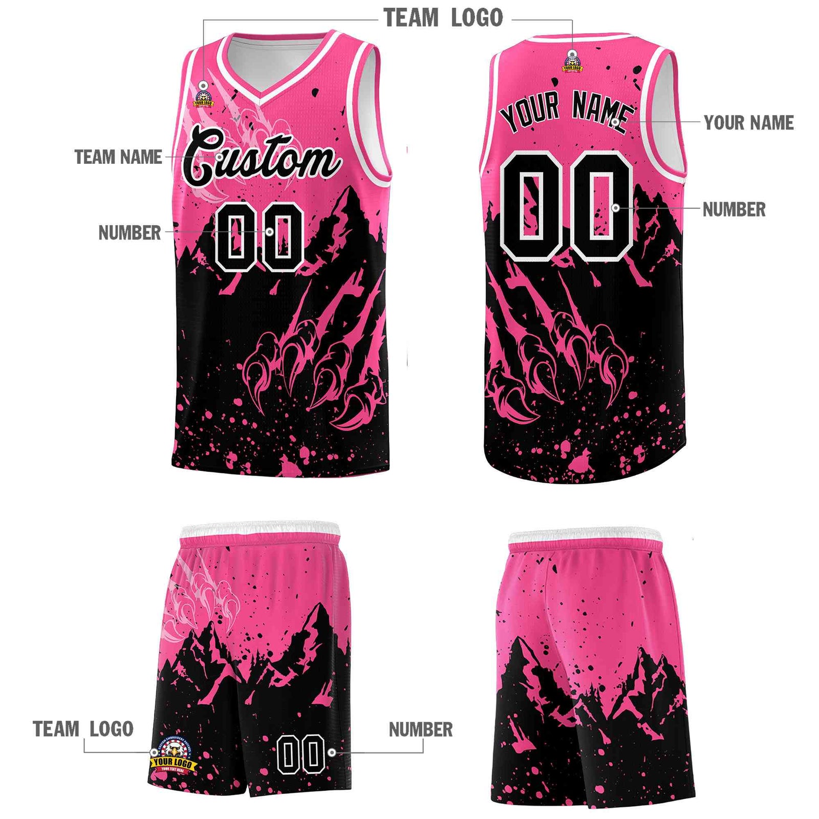 Custom Pink Black Snow Mountain Beast Pattern Sports Uniform Basketball Jersey| KXKSHOP