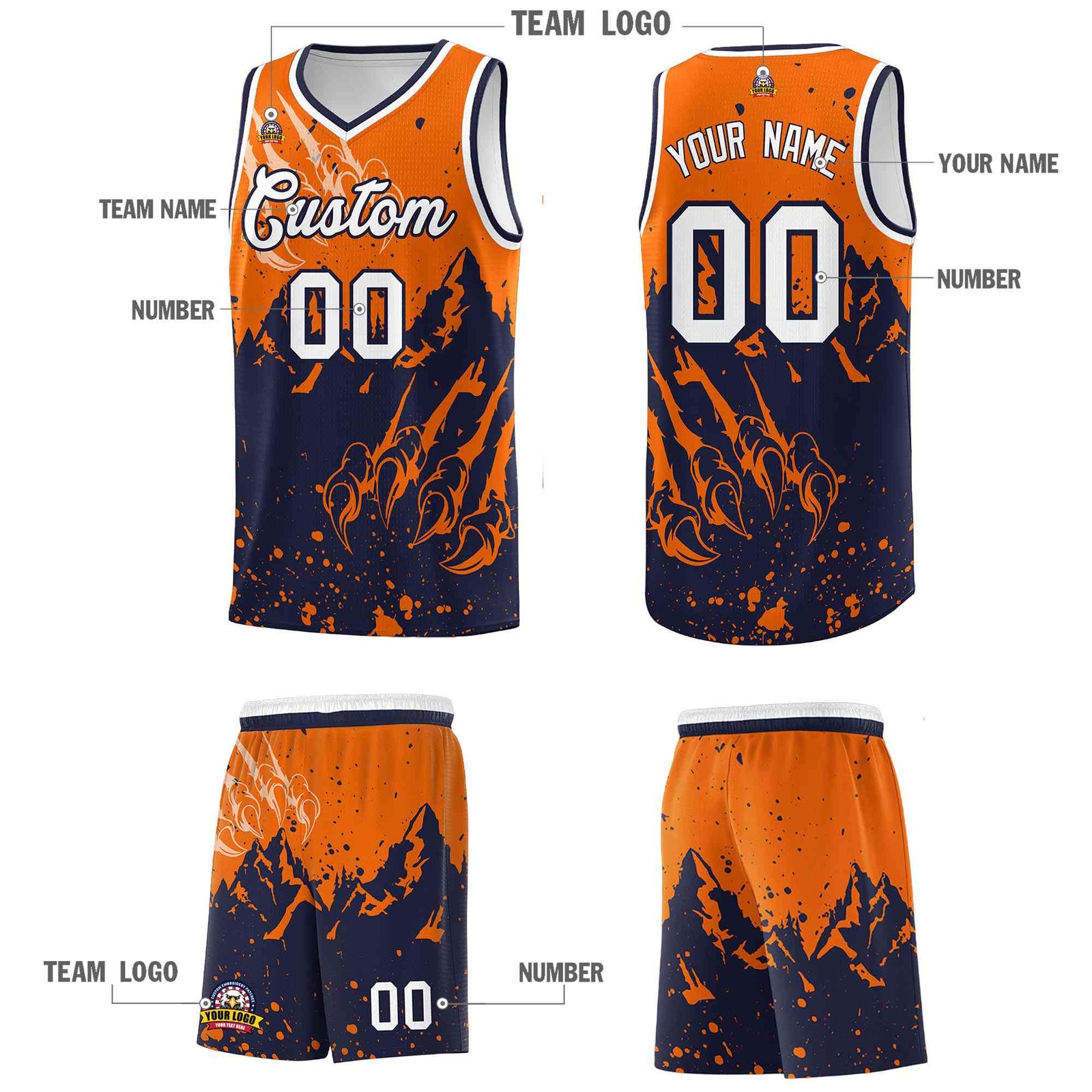 Custom Orange Navy Snow Mountain Beast Pattern Sports Uniform Basketball Jersey| KXKSHOP