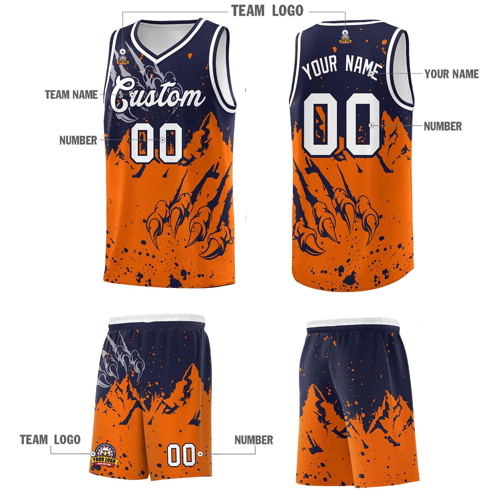 Custom Navy Orange Snow Mountain Beast Pattern Sports Uniform Basketball Jersey| KXKSHOP