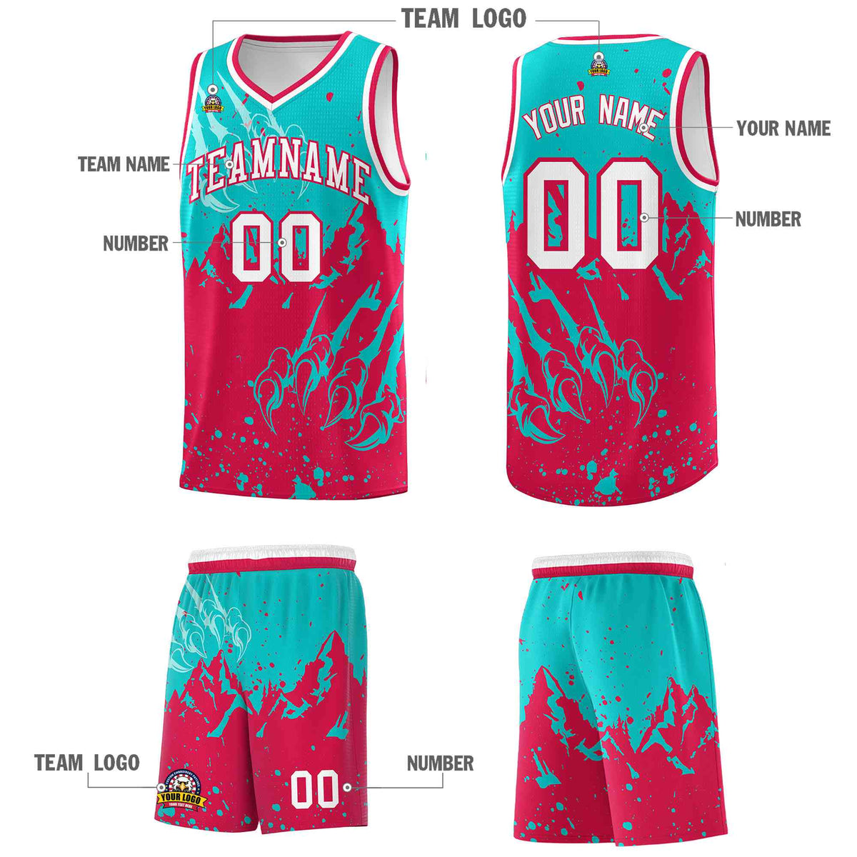 Custom Aqua Red Snow Mountain Beast Pattern Sports Uniform Basketball Jersey
