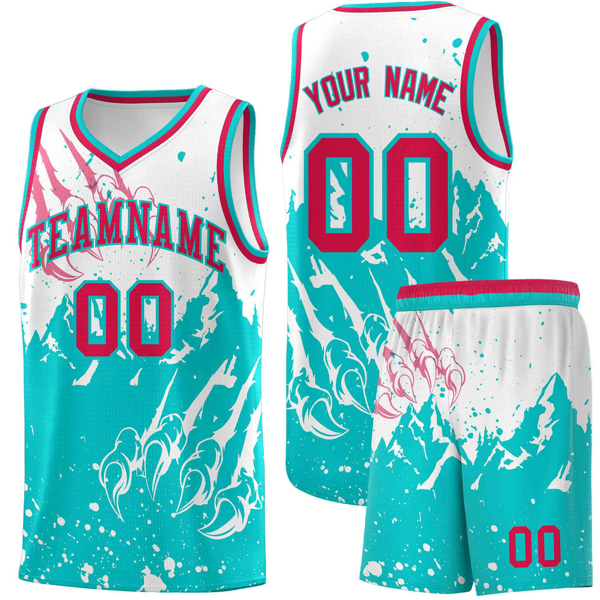 Custom White Aqua Snow Mountain Beast Pattern Sports Uniform Basketball Jersey