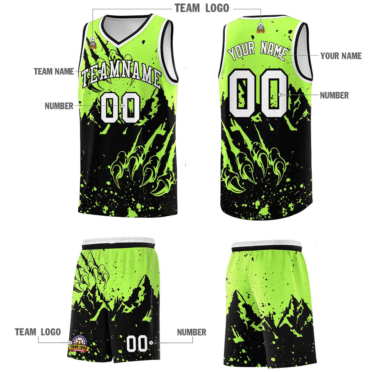Custom Fluorescent Green Black Snow Mountain Beast Pattern Sports Uniform Basketball Jersey