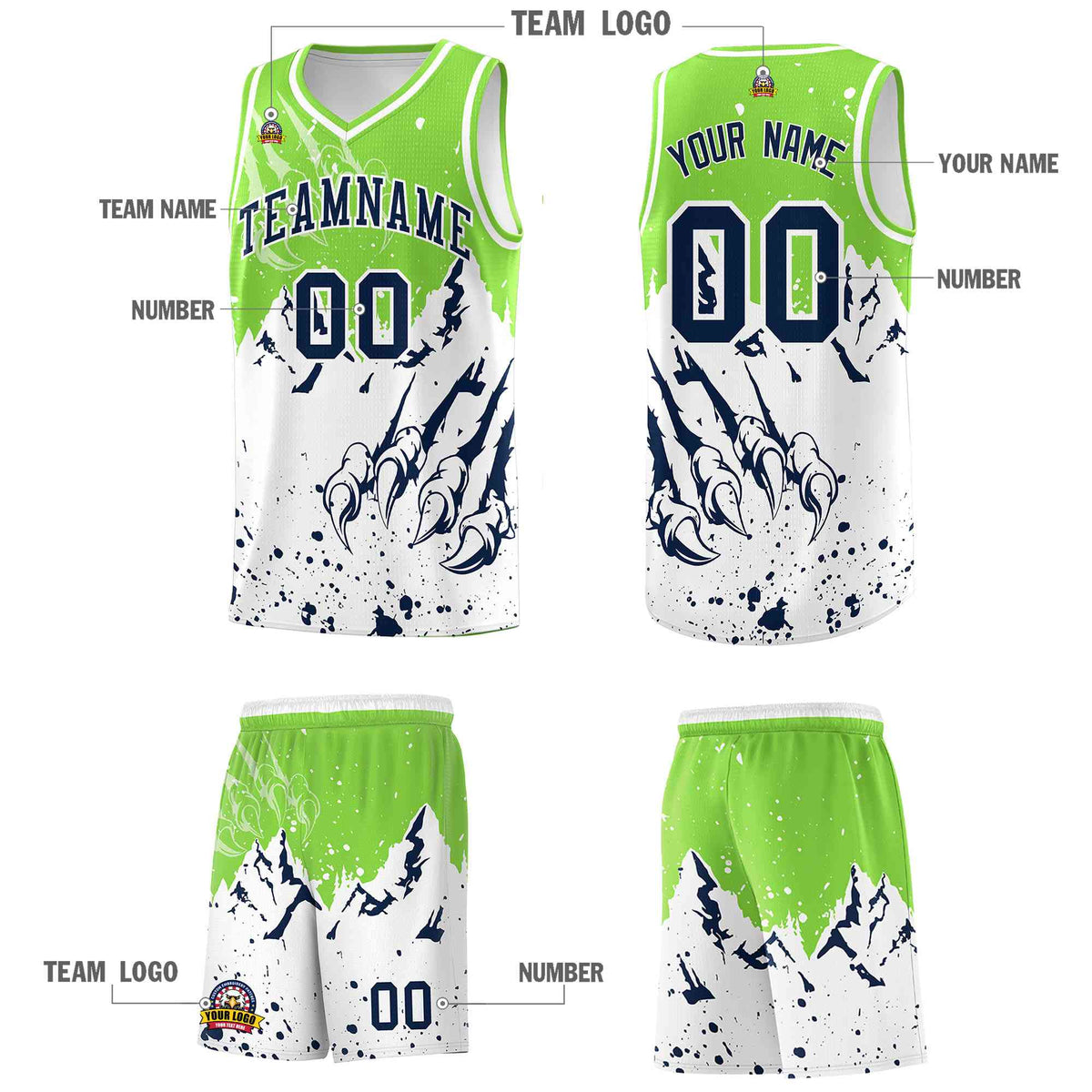 Custom Fluorescent Green White Snow Mountain Beast Pattern Sports Uniform Basketball Jersey