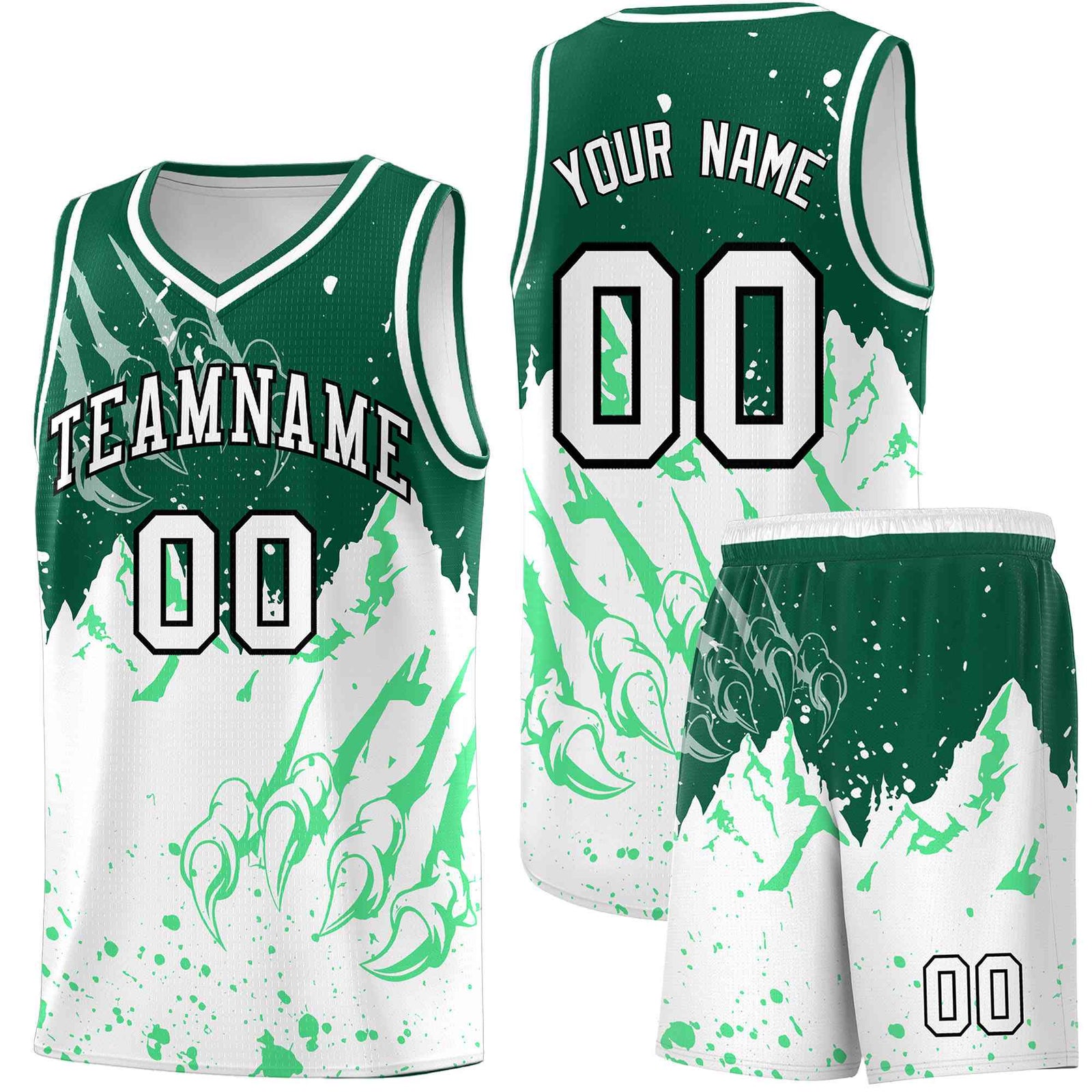 Custom Kelly Green White Snow Mountain Beast Pattern Sports Uniform Basketball Jersey