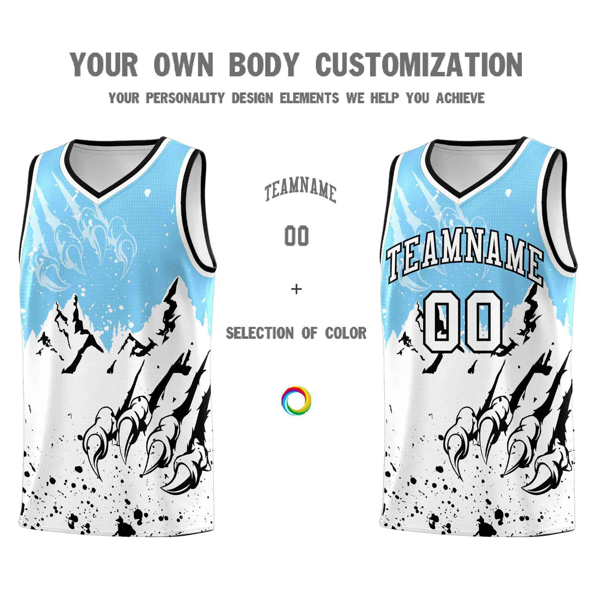 Custom Light Blue White Snow Mountain Beast Pattern Sports Uniform Basketball Jersey