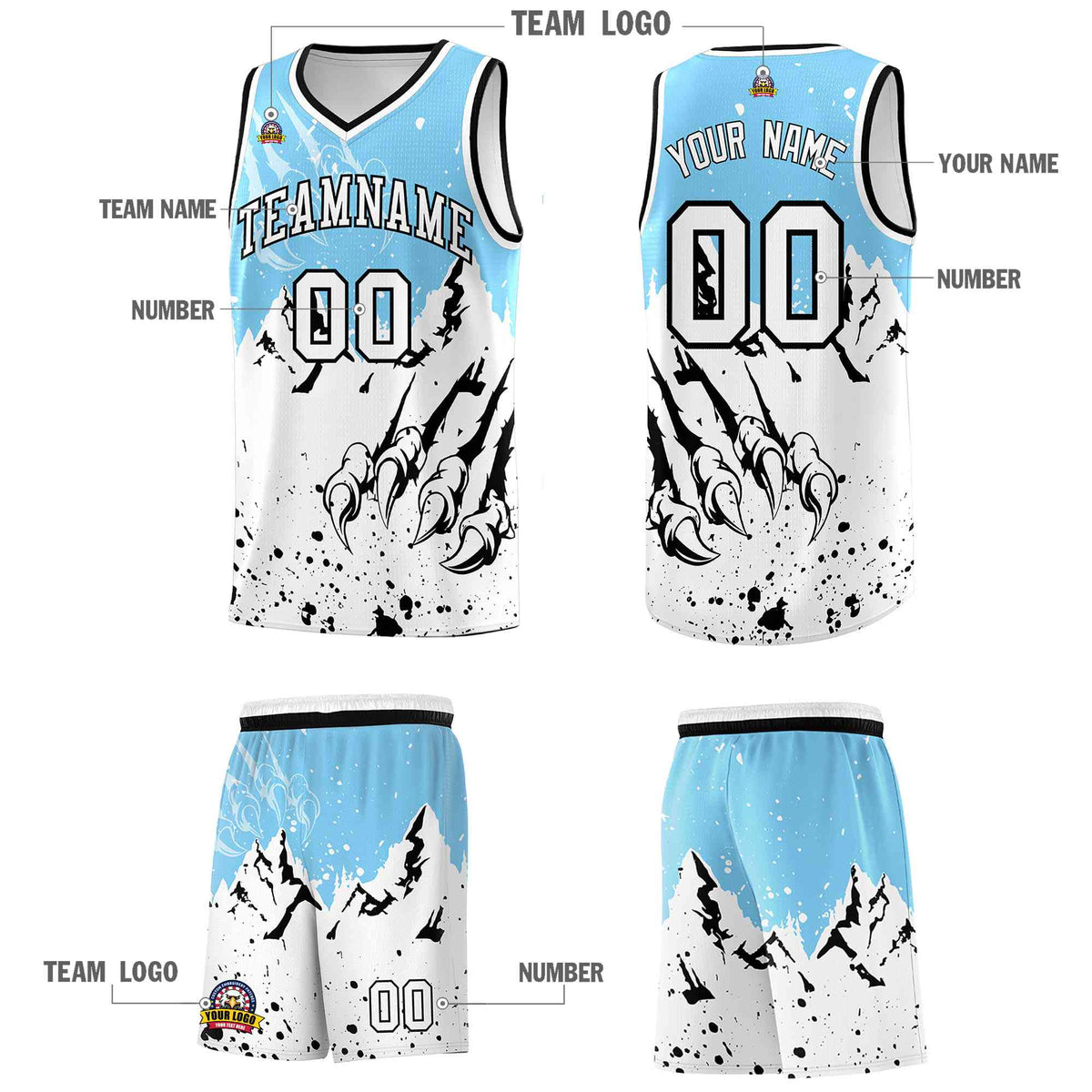 Custom Light Blue White Snow Mountain Beast Pattern Sports Uniform Basketball Jersey