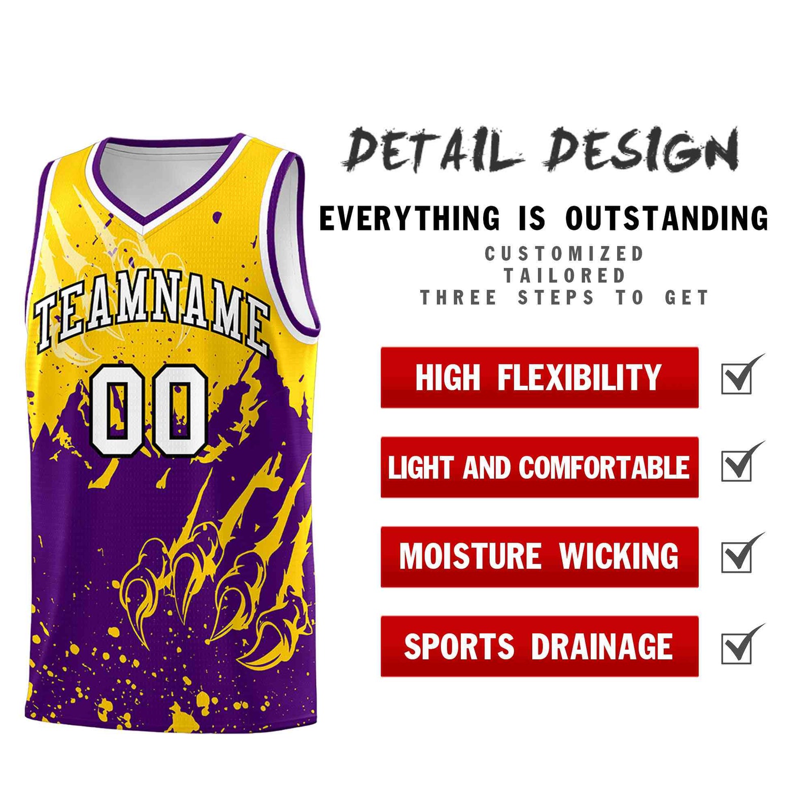 Custom Gold Purple Snow Mountain Beast Pattern Sports Uniform Basketball Jersey