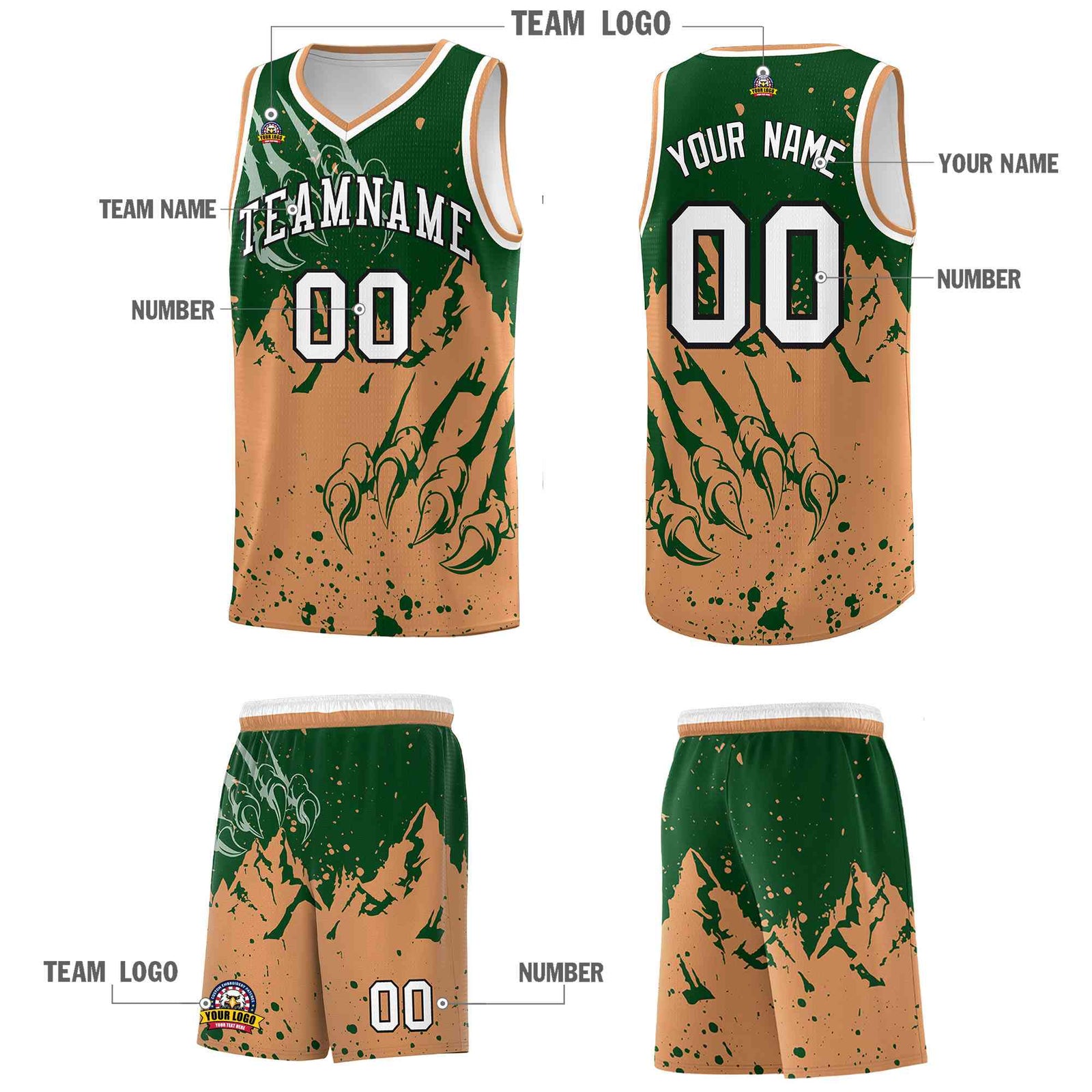 Custom Green Buckskin Brown Snow Mountain Beast Pattern Sports Uniform Basketball Jersey
