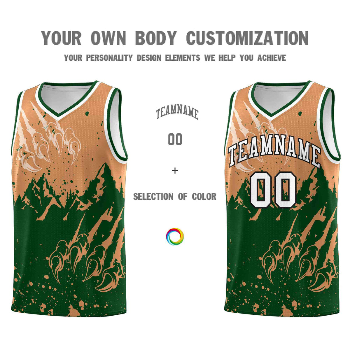Custom Buckskin Brown Green Snow Mountain Beast Pattern Sports Uniform Basketball Jersey