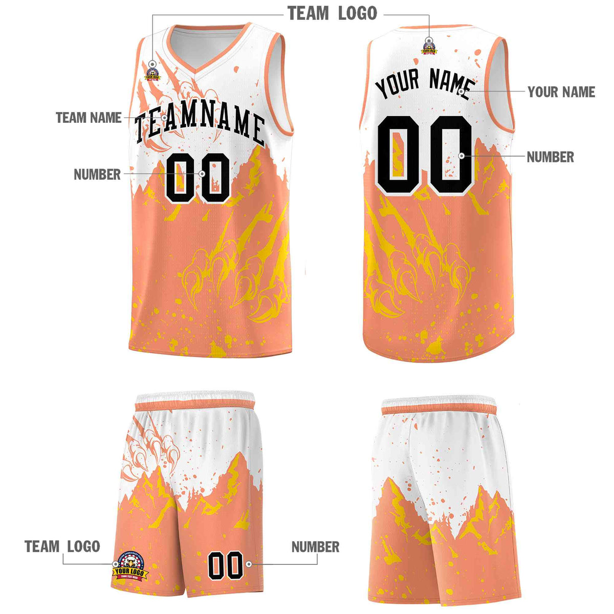 Custom White Light Orange Snow Mountain Beast Pattern Sports Uniform Basketball Jersey