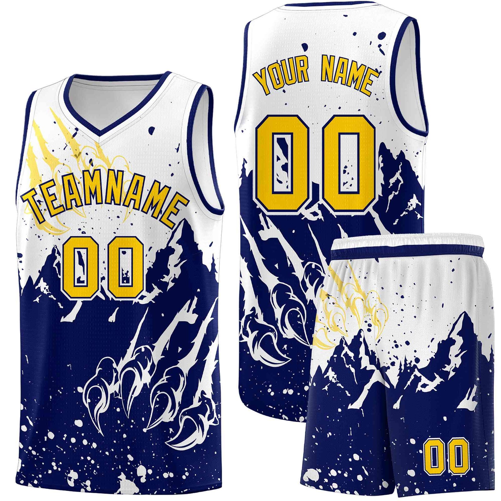 Custom White Navy Snow Mountain Beast Pattern Sports Uniform Basketball Jersey
