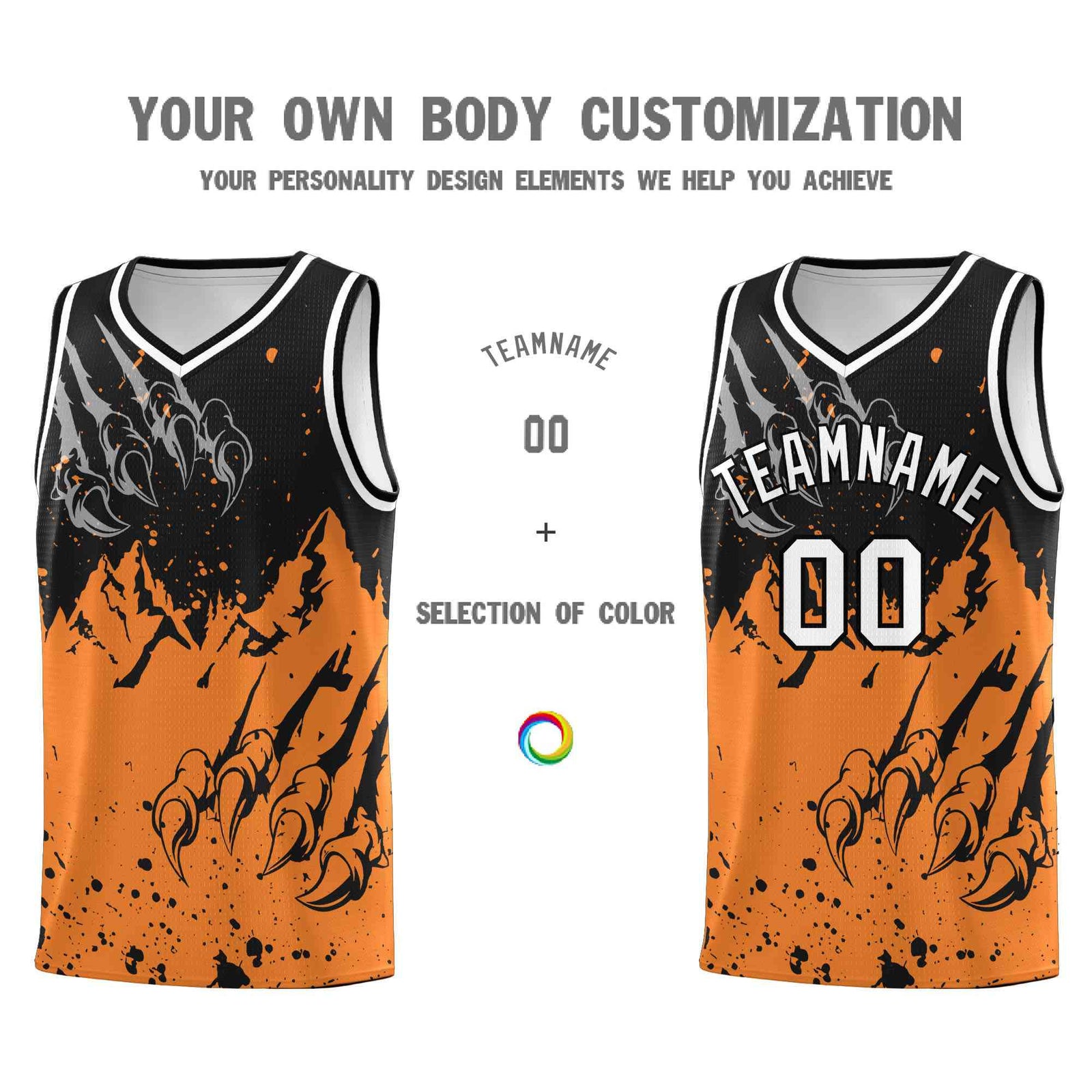 Custom Black Gold Orange Snow Mountain Beast Pattern Sports Uniform Basketball Jersey