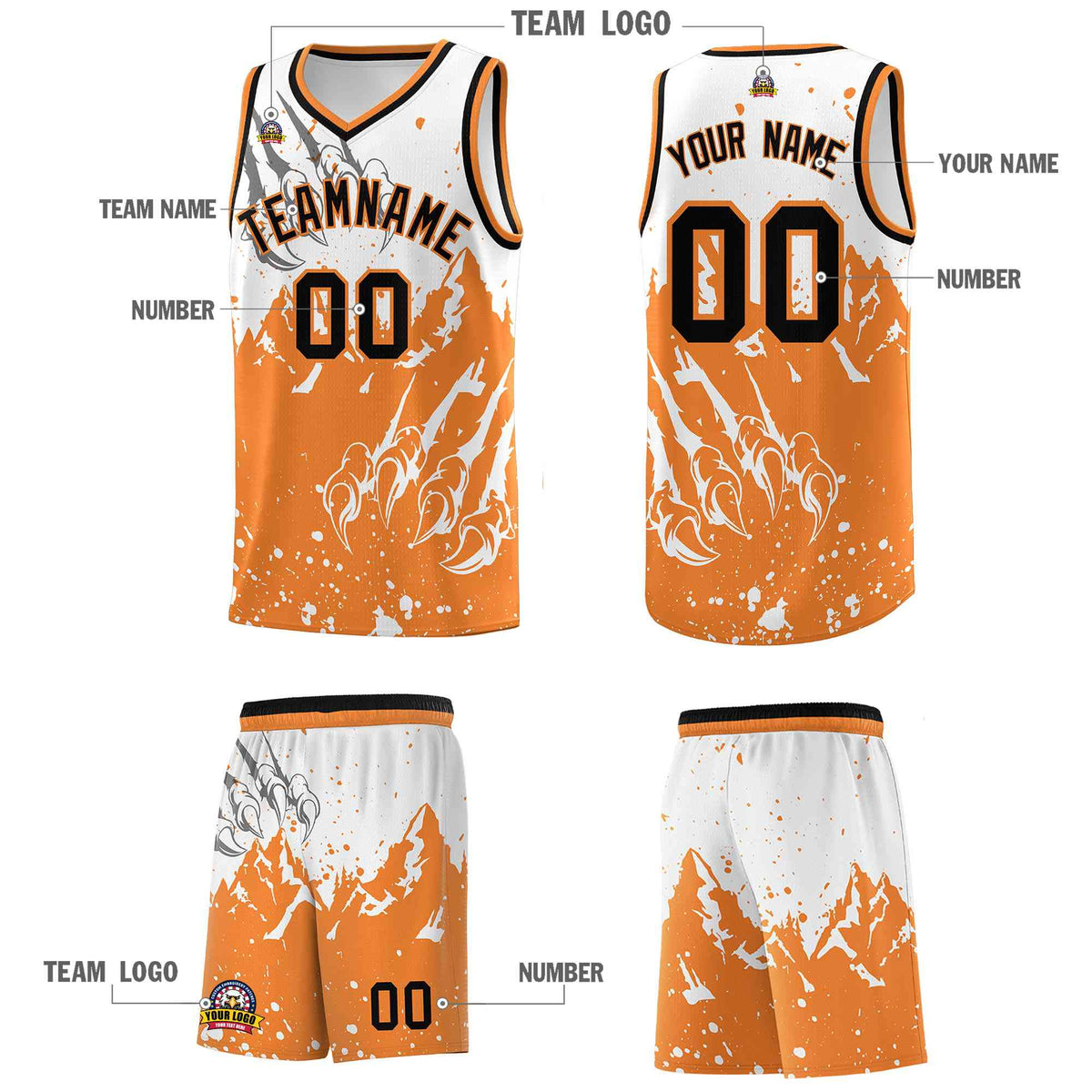 Custom White Gold Orange Snow Mountain Beast Pattern Sports Uniform Basketball Jersey