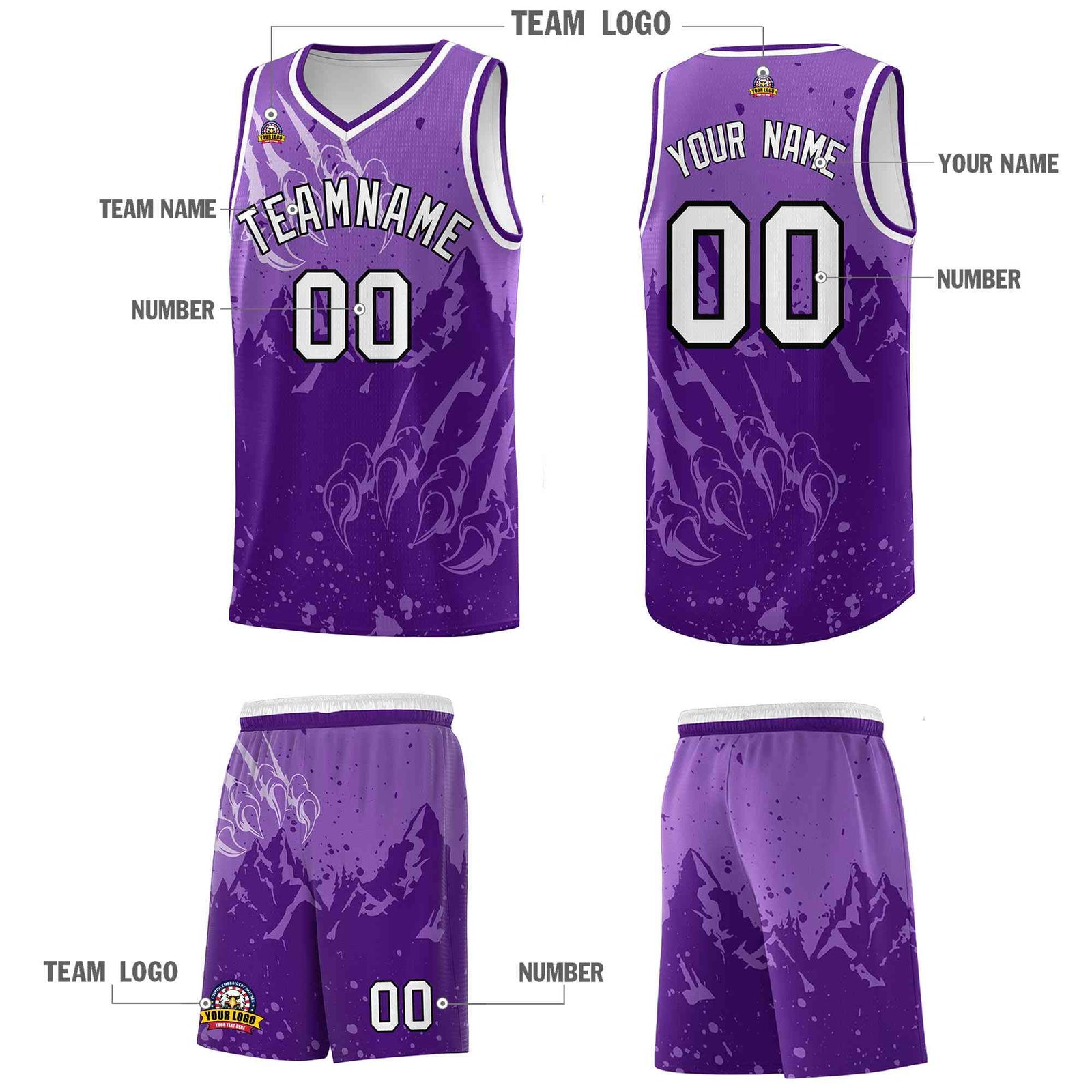 Custom Light Purple Purple Snow Mountain Beast Pattern Sports Uniform Basketball Jersey