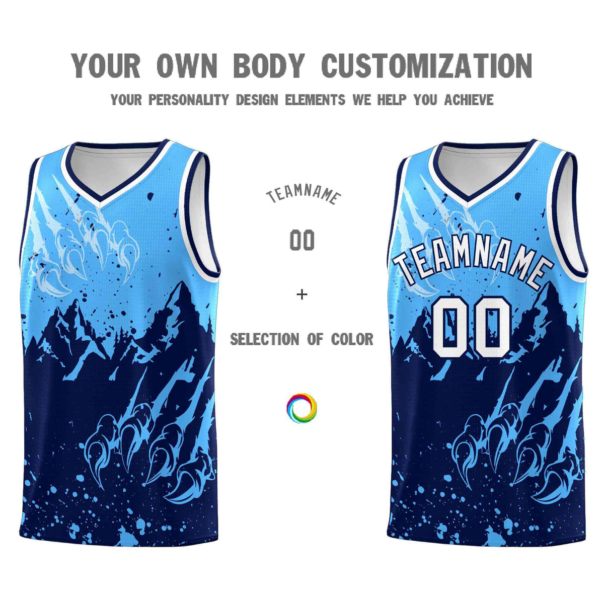 Custom Powder Blue Navy Snow Mountain Beast Pattern Sports Uniform Basketball Jersey