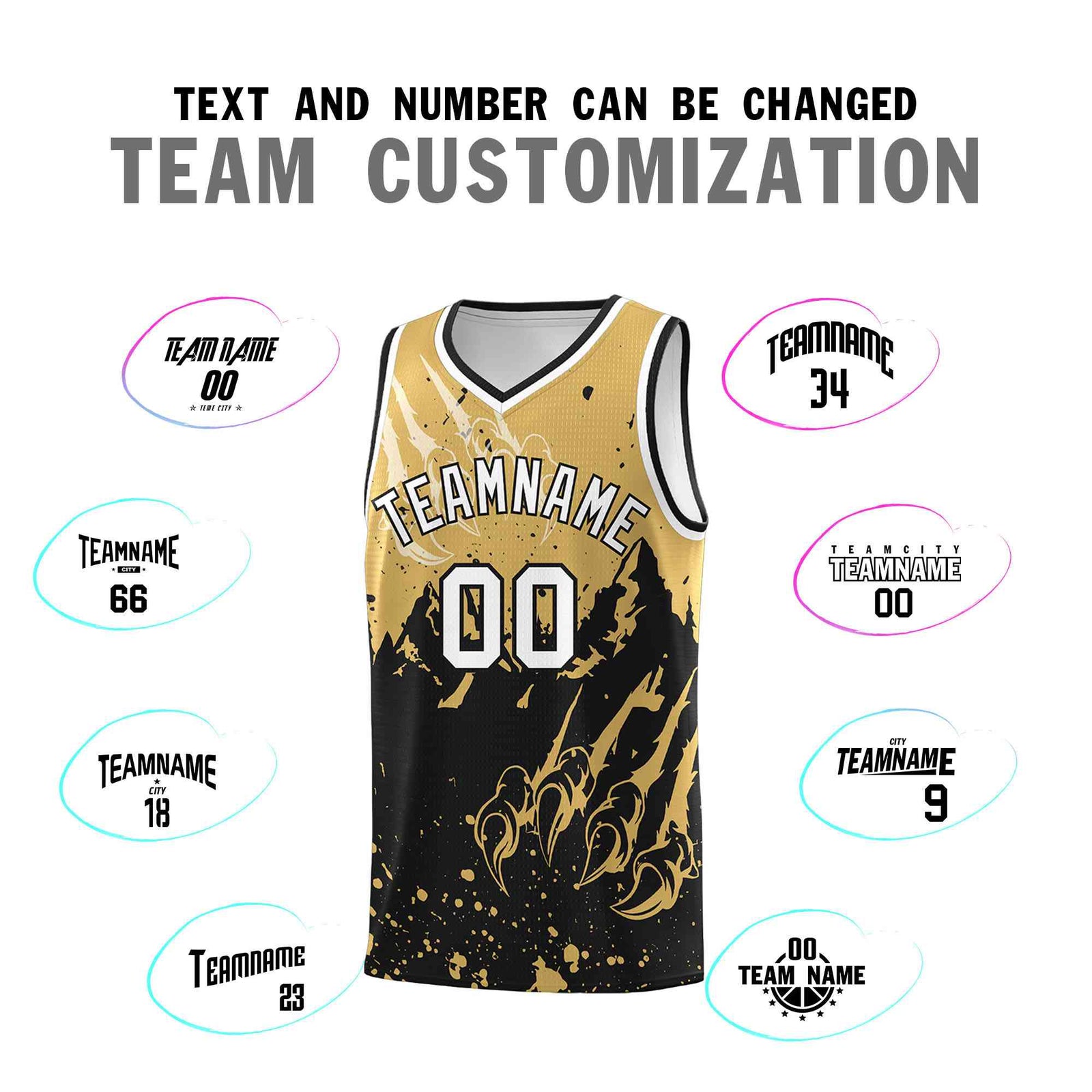 Custom Old Gold Black Snow Mountain Beast Pattern Sports Uniform Basketball Jersey