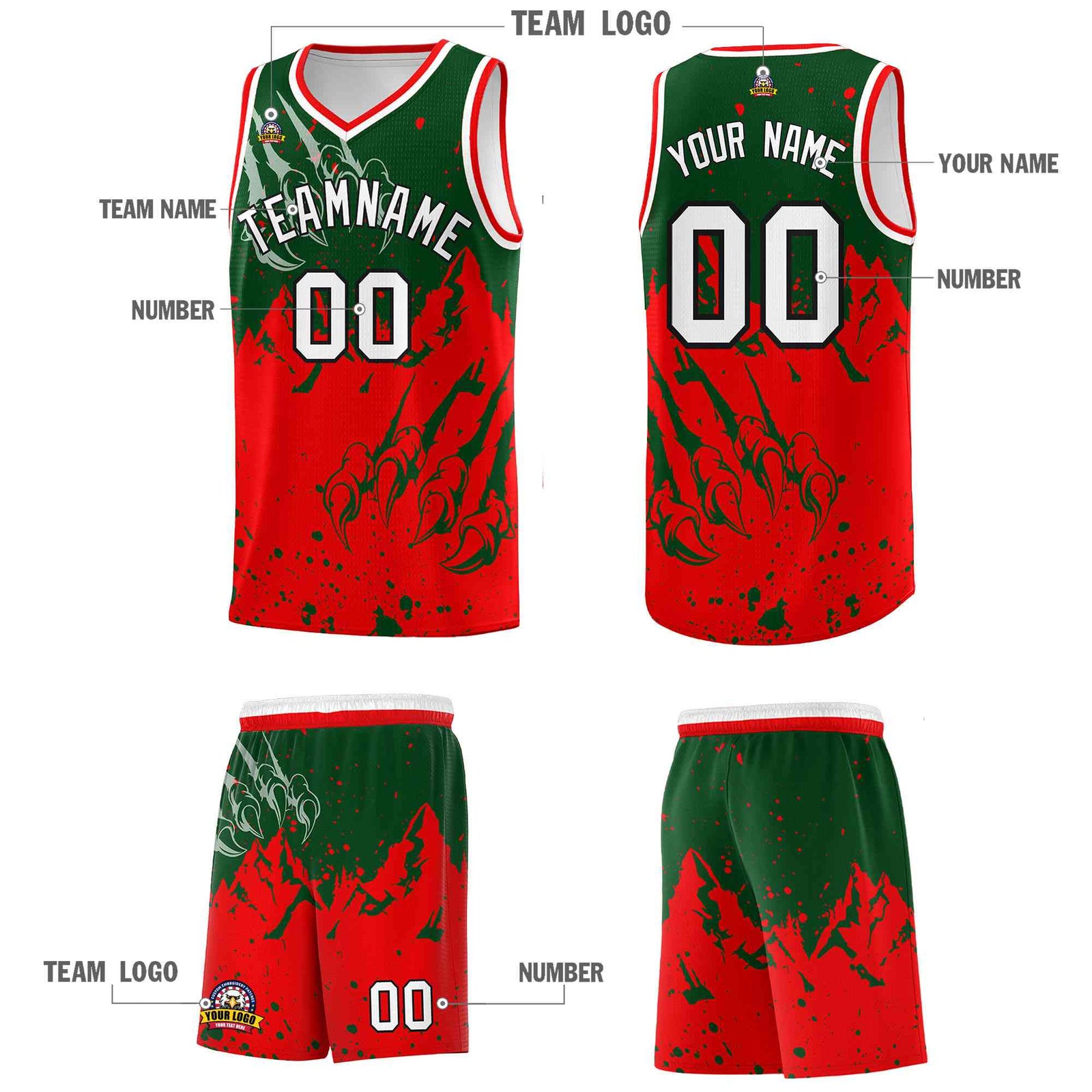 Custom Green Light Red Snow Mountain Beast Pattern Sports Uniform Basketball Jersey