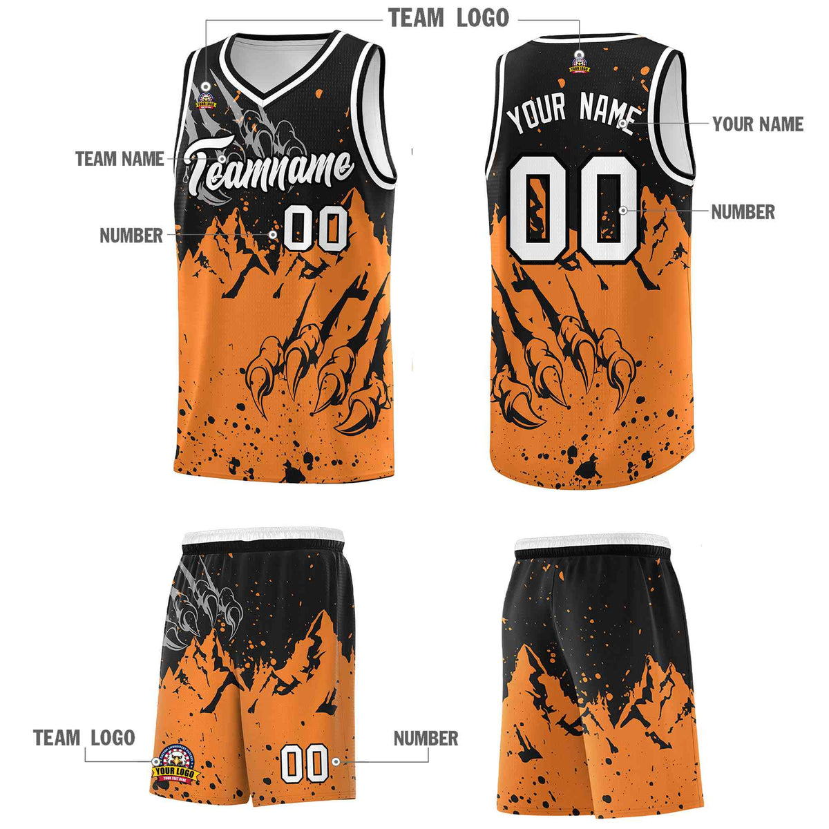 Custom Black Gold Orange Snow Mountain Beast Pattern Sports Uniform Basketball Jersey