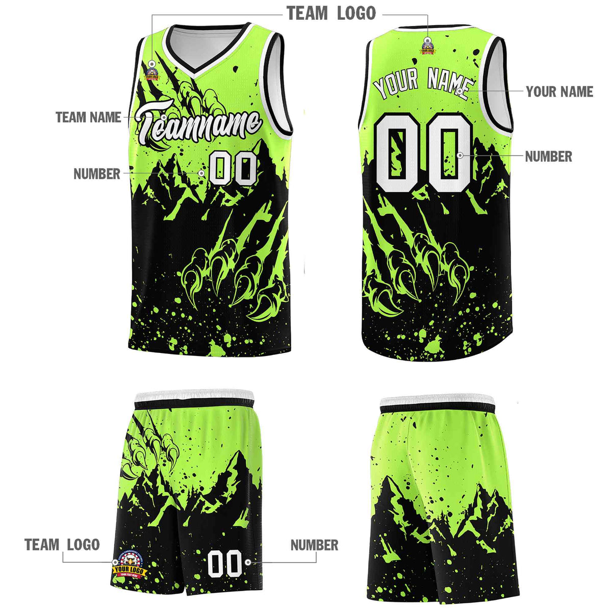 Custom Fluorescent Green Black Snow Mountain Beast Pattern Sports Uniform Basketball Jersey