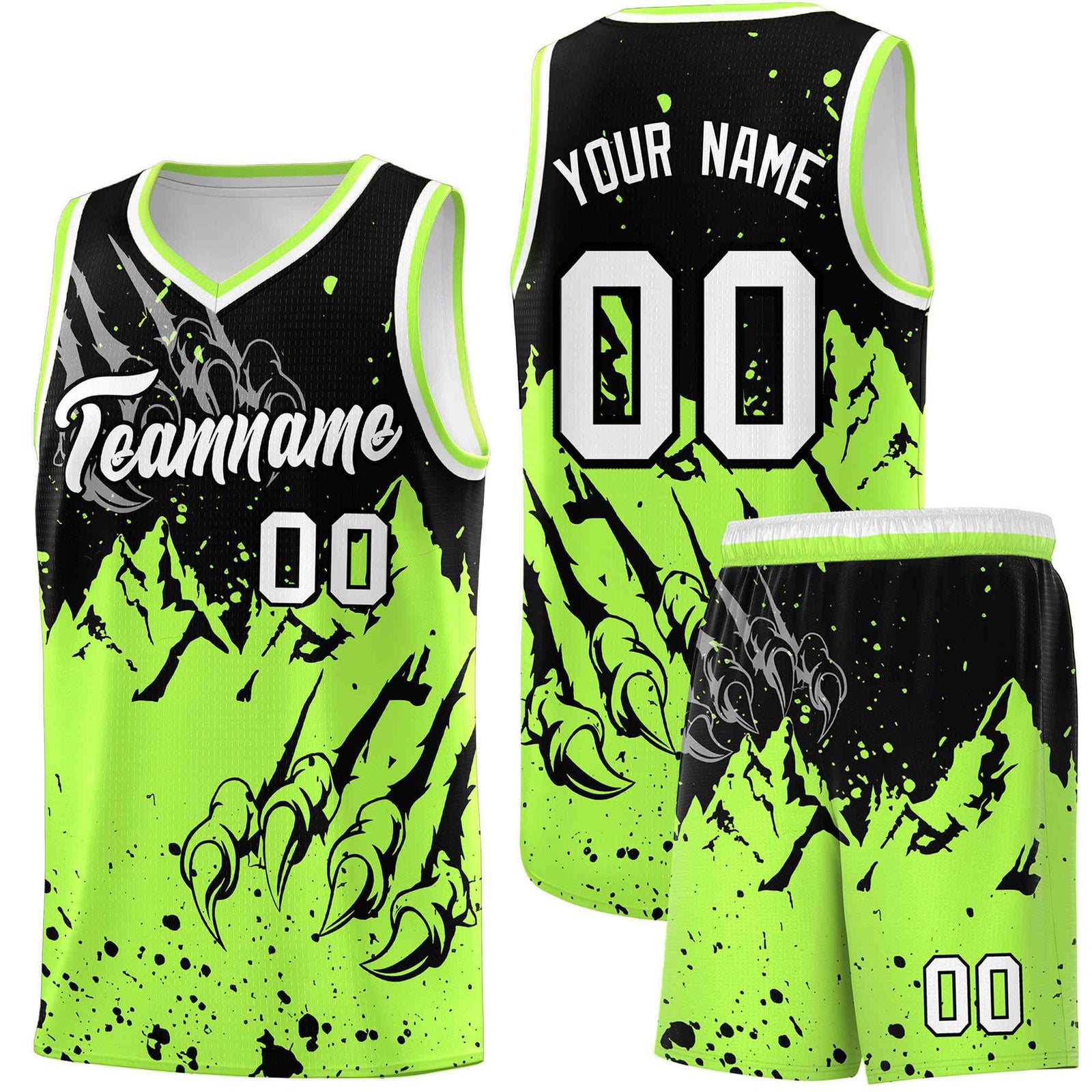 Custom Black Fluorescent Green Snow Mountain Beast Pattern Sports Uniform Basketball Jersey