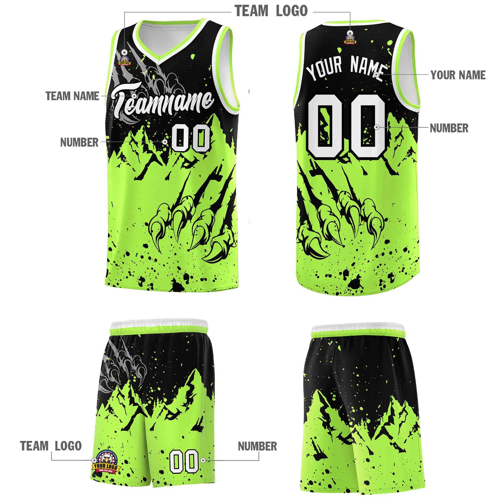 Custom Black Fluorescent Green Snow Mountain Beast Pattern Sports Uniform Basketball Jersey