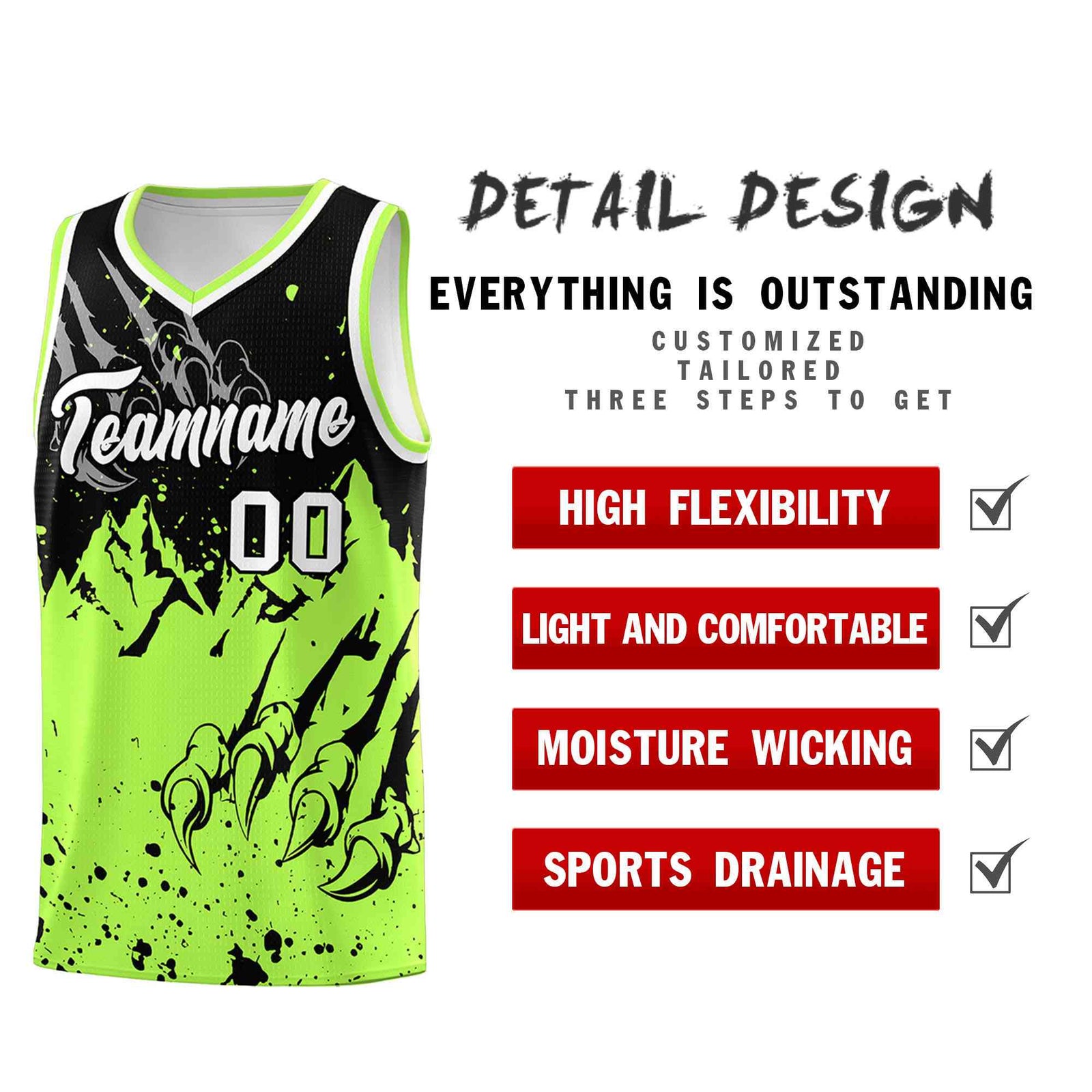 Custom Black Fluorescent Green Snow Mountain Beast Pattern Sports Uniform Basketball Jersey