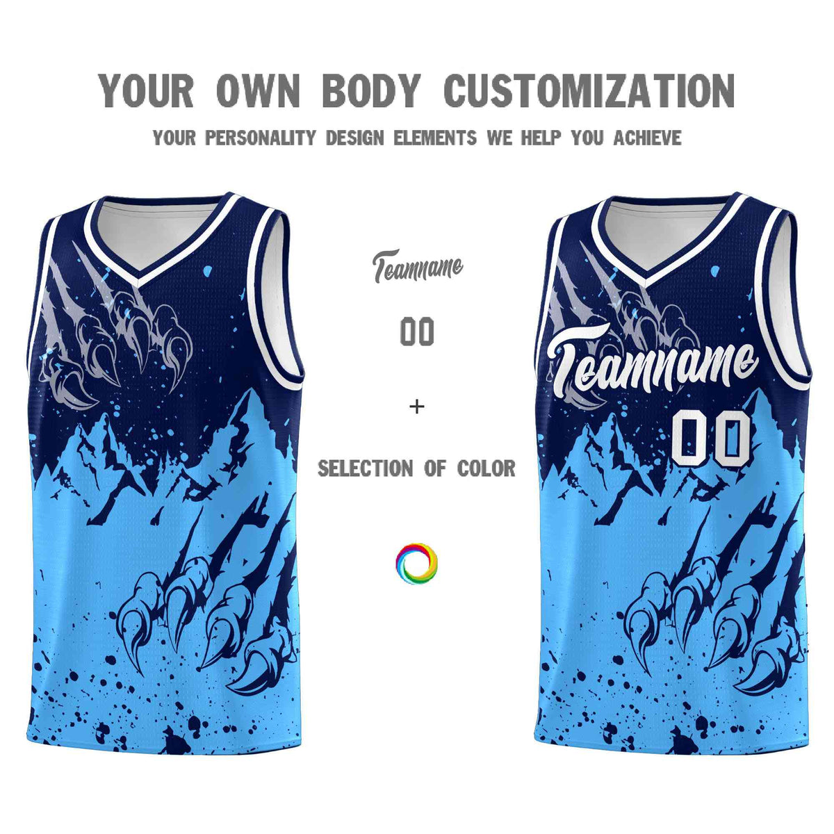 Custom Navy Powder Blue Snow Mountain Beast Pattern Sports Uniform Basketball Jersey