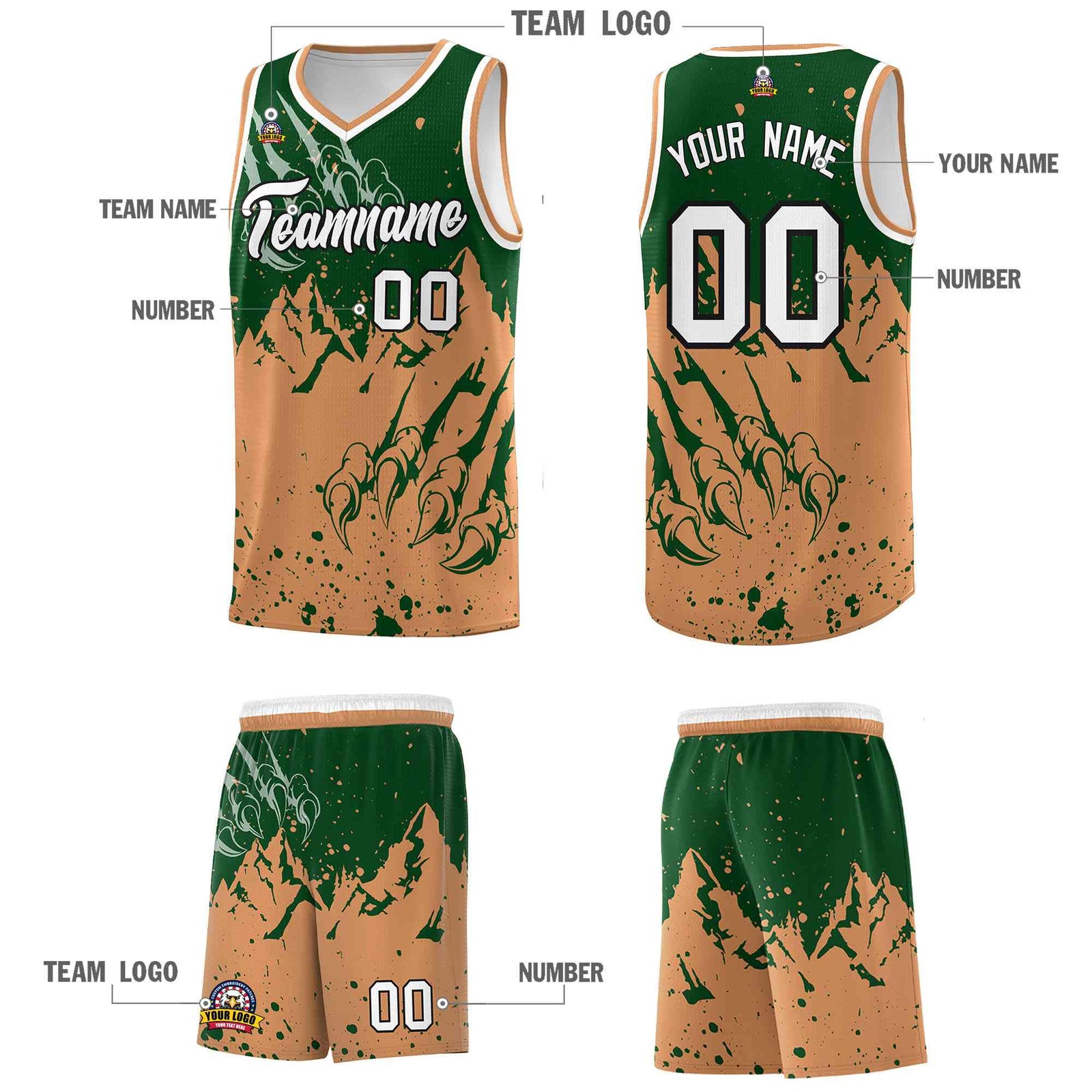 Custom Green Buckskin Brown Snow Mountain Beast Pattern Sports Uniform Basketball Jersey