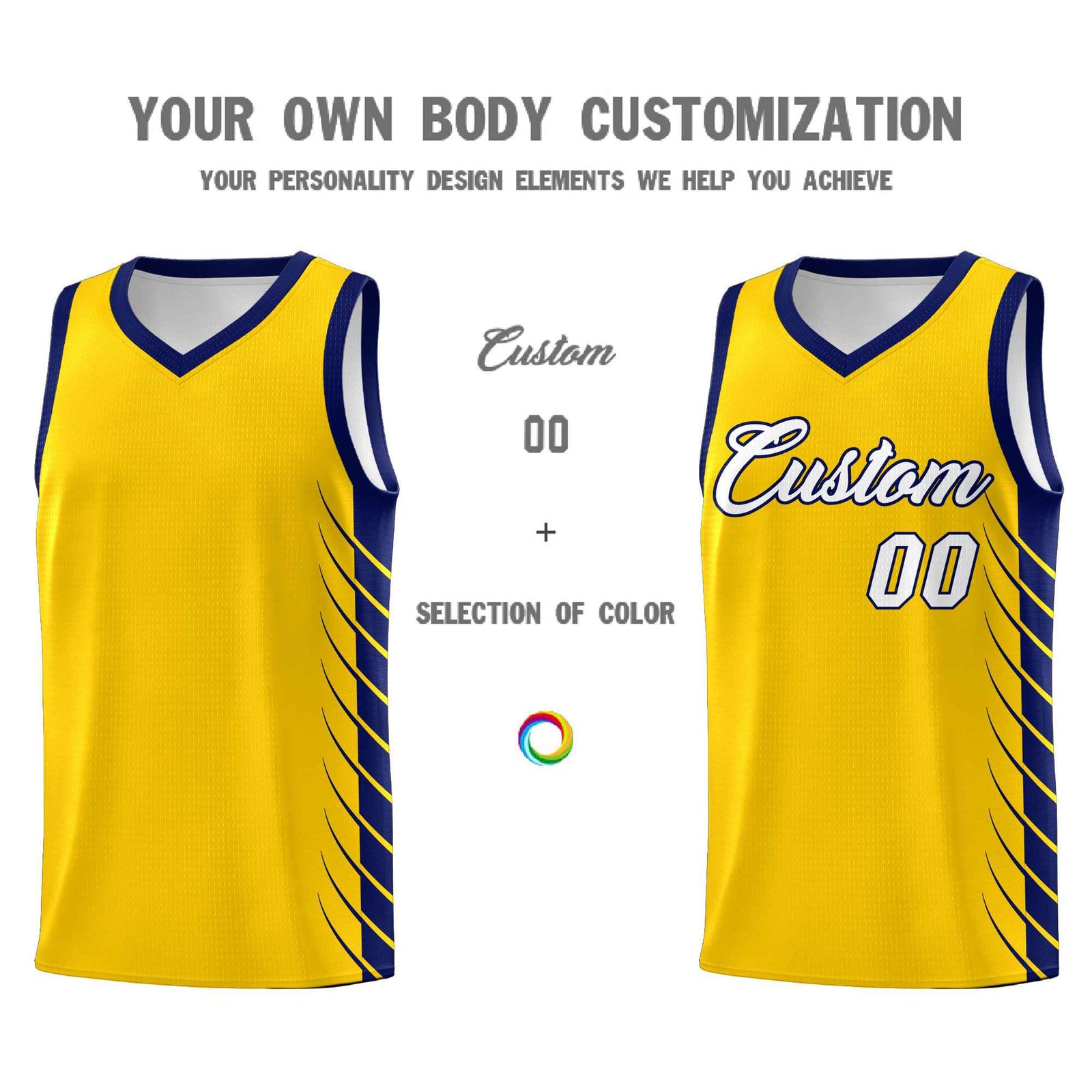 Custom Gold Navy Personalized Side Symmetrical Line Pattern Sports Uniform Basketball Jersey