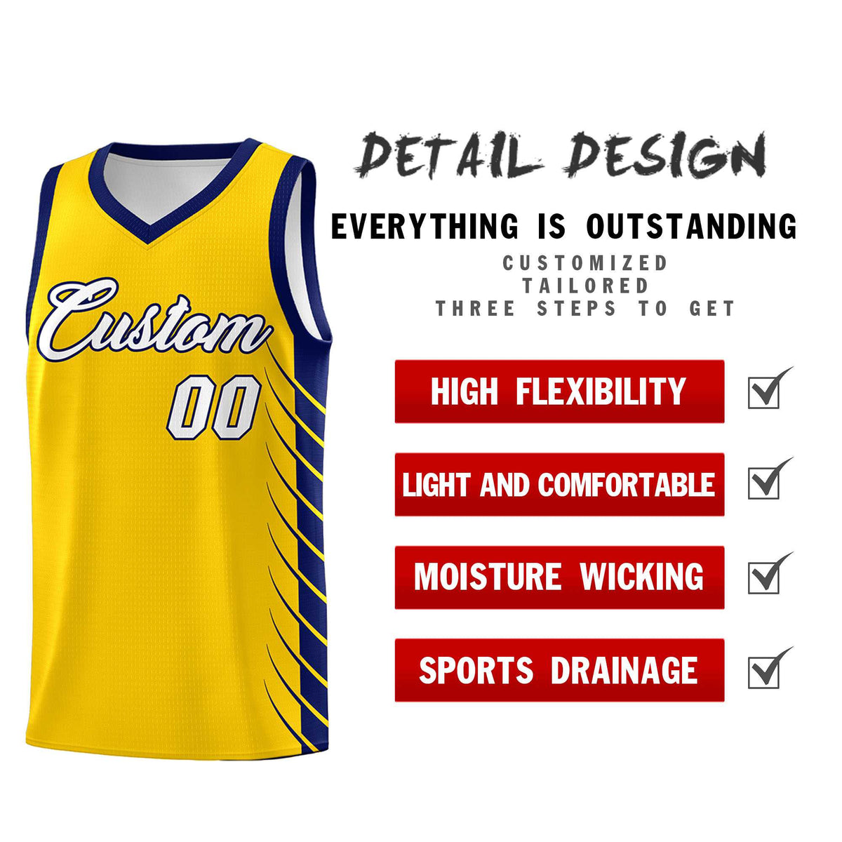 Custom Gold Navy Personalized Side Symmetrical Line Pattern Sports Uniform Basketball Jersey
