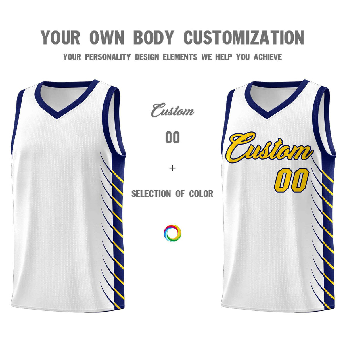 Custom White Navy Personalized Side Symmetrical Line Pattern Sports Uniform Basketball Jersey