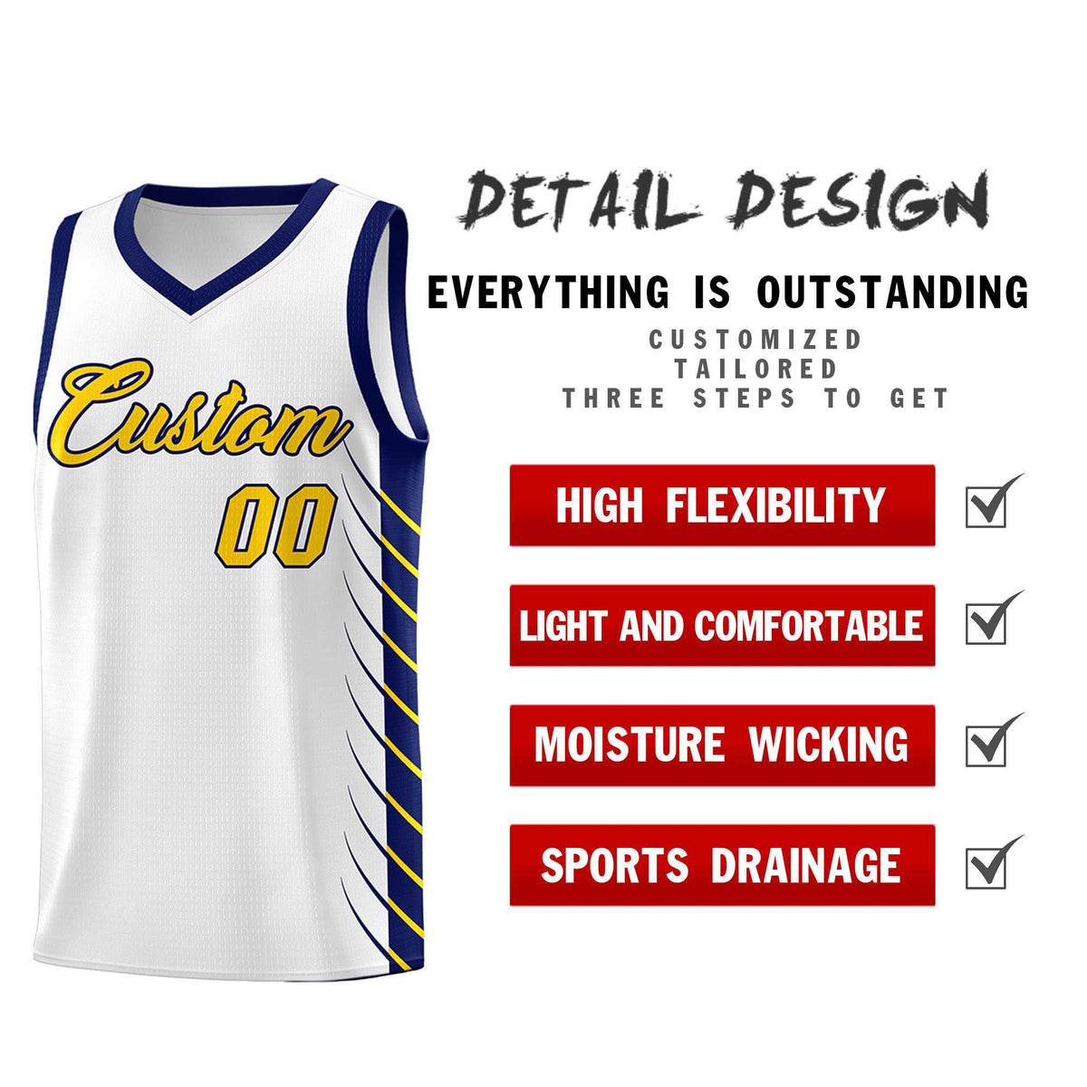 Custom White Navy Personalized Side Symmetrical Line Pattern Sports Uniform Basketball Jersey