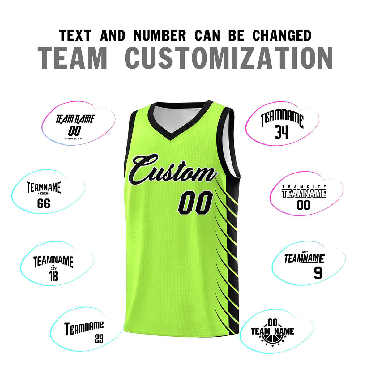 Custom Fluorescent Green Black Personalized Side Symmetrical Line Pattern Sports Uniform Basketball Jersey