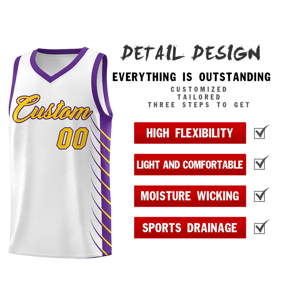 Custom White Purple Personalized Side Symmetrical Line Pattern Sports Uniform Basketball Jersey