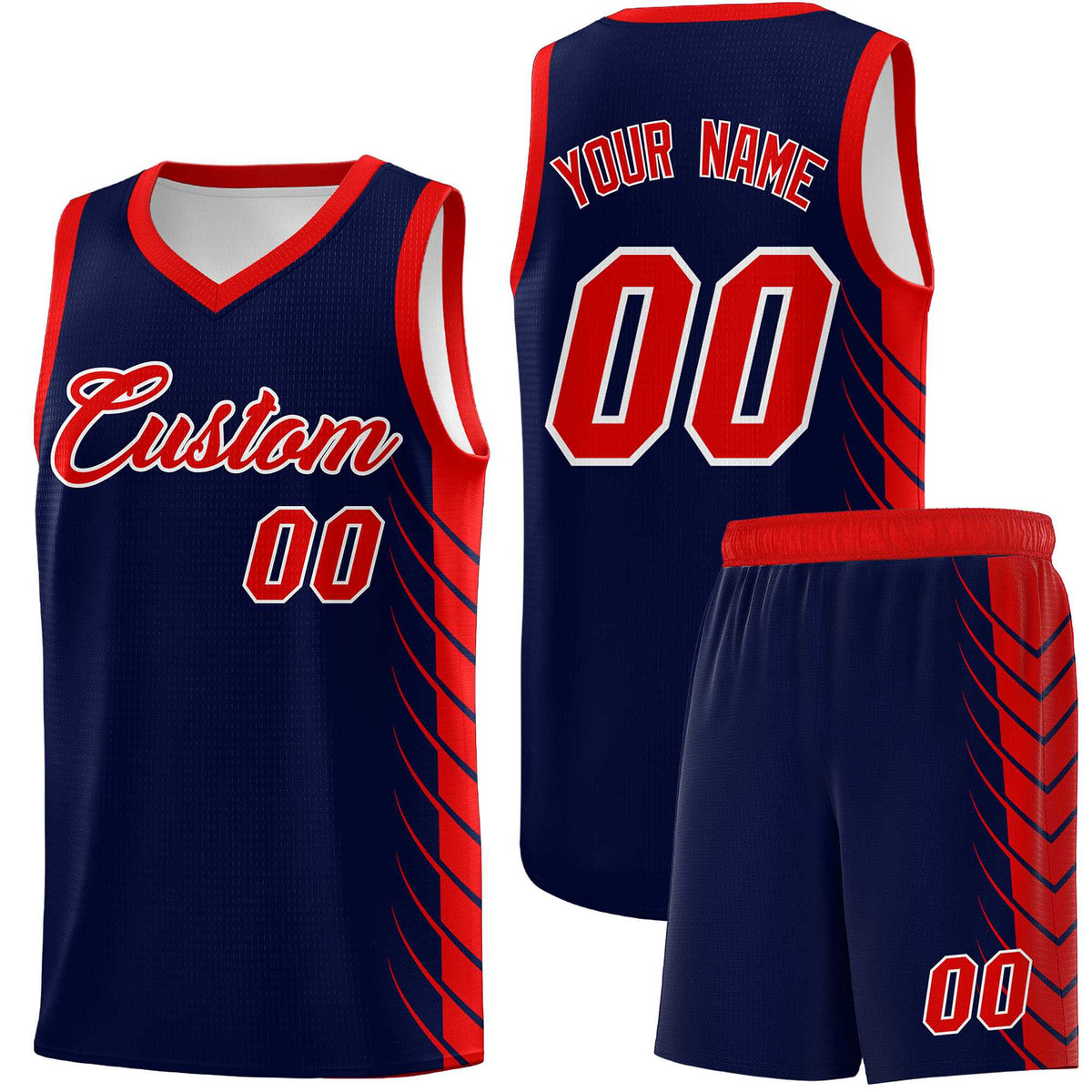 Custom Navy Red Personalized Side Symmetrical Line Pattern Sports Uniform Basketball Jersey