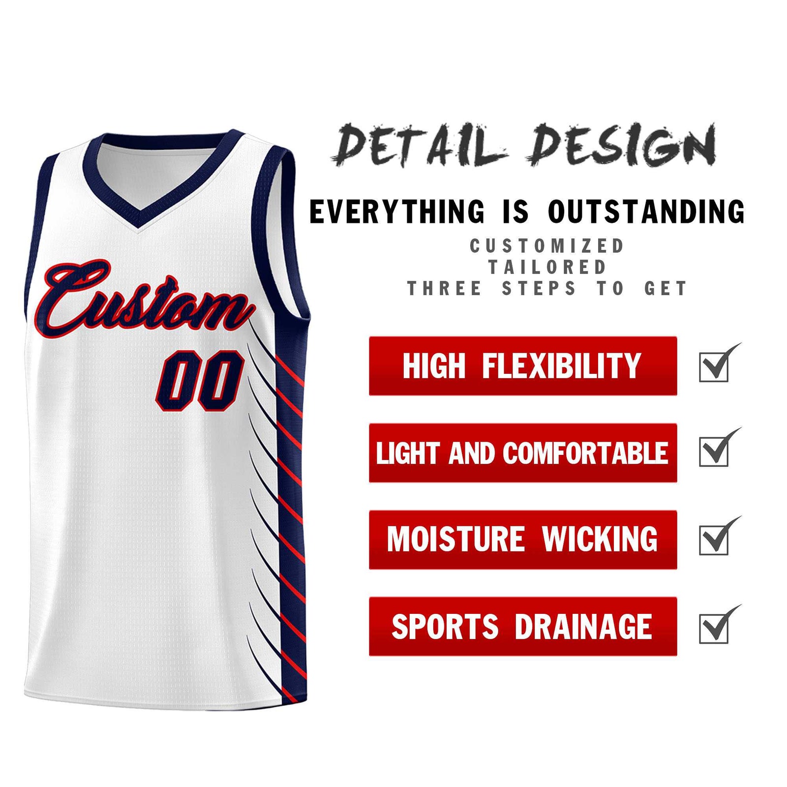 Custom White Navy Personalized Side Symmetrical Line Pattern Sports Uniform Basketball Jersey