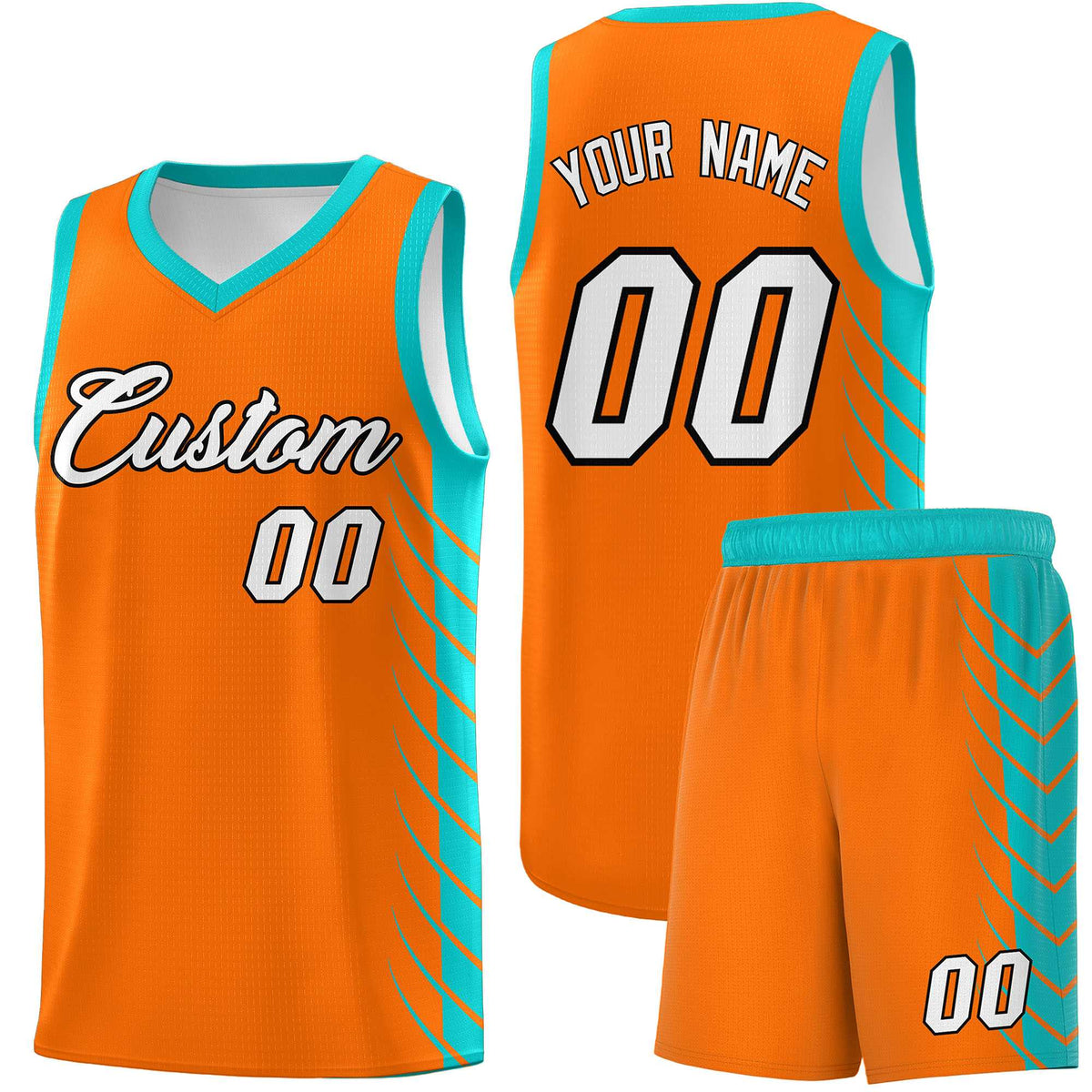 Custom Orange Aqua Personalized Side Symmetrical Line Pattern Sports Uniform Basketball Jersey