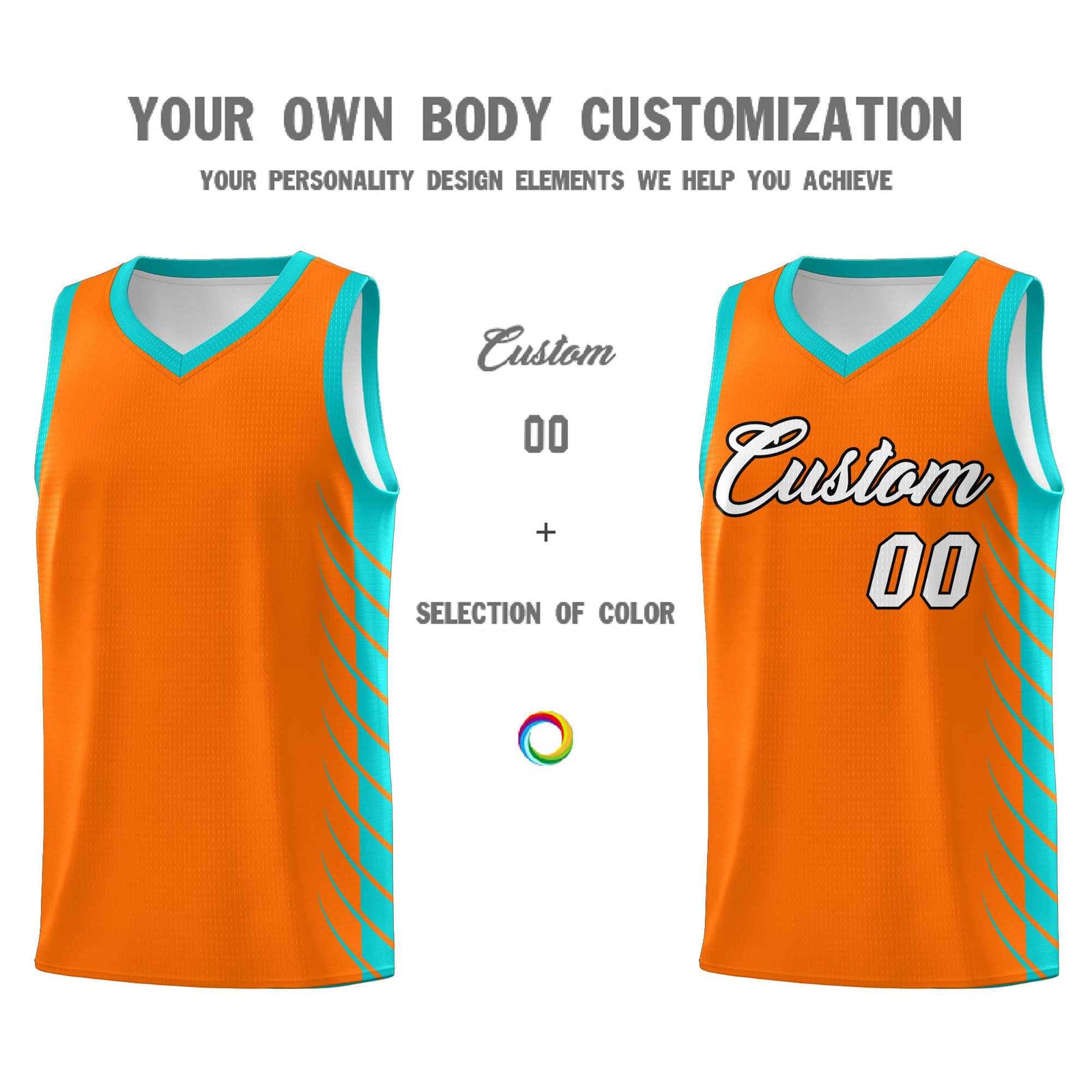 Custom Orange Aqua Personalized Side Symmetrical Line Pattern Sports Uniform Basketball Jersey