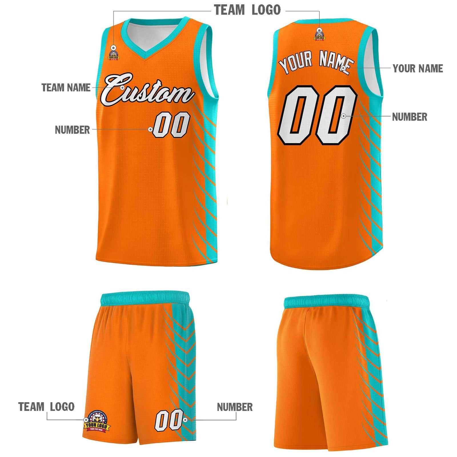 Custom Orange Aqua Personalized Side Symmetrical Line Pattern Sports Uniform Basketball Jersey