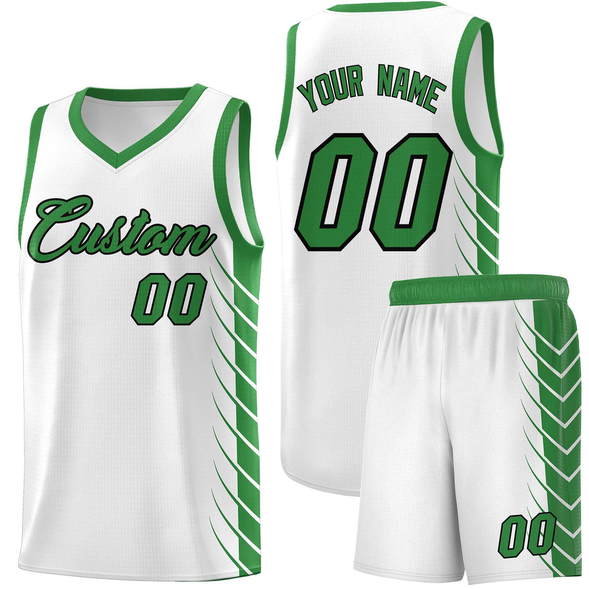 Custom White Kelly Green Personalized Side Symmetrical Line Pattern Sports Uniform Basketball Jersey
