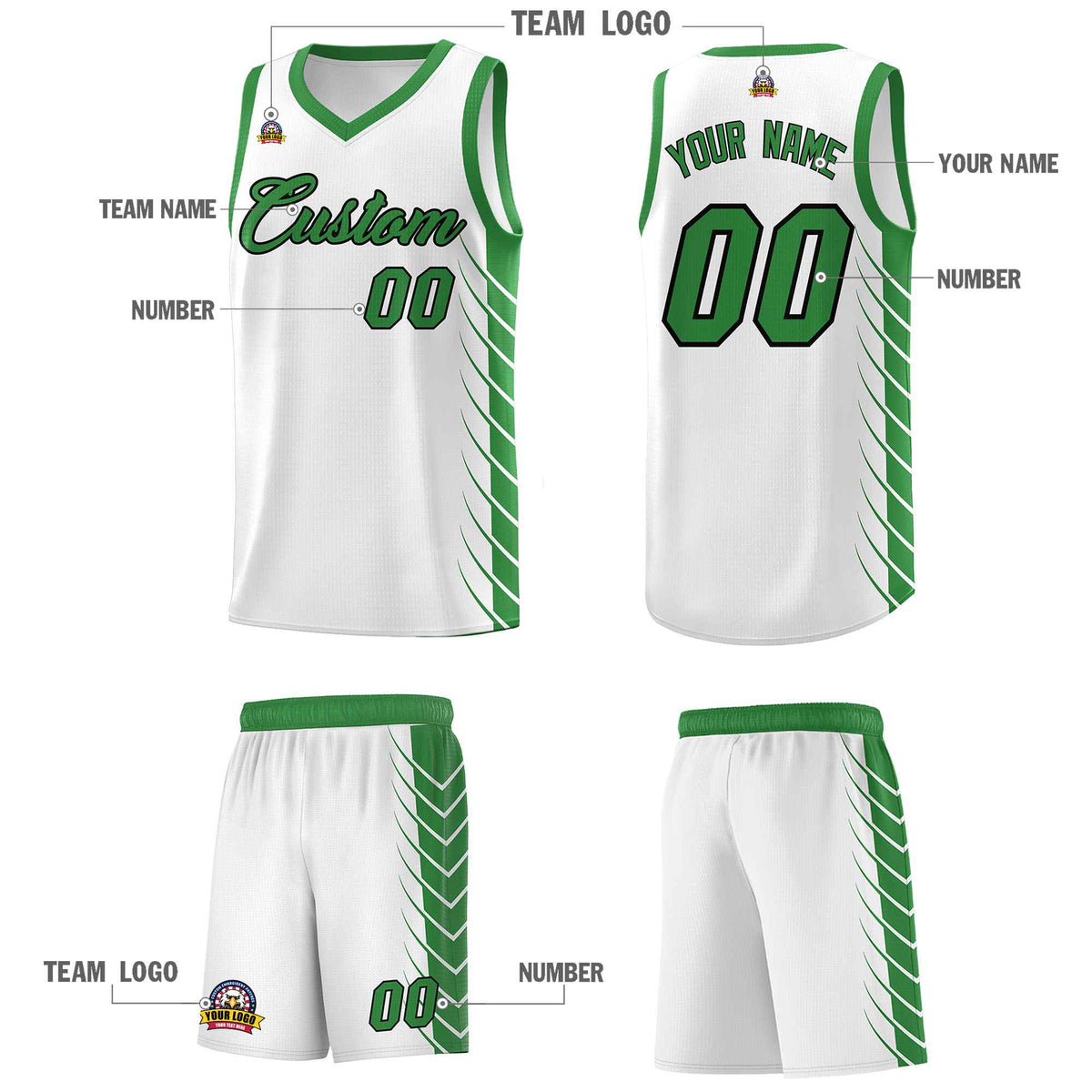 Custom White Kelly Green Personalized Side Symmetrical Line Pattern Sports Uniform Basketball Jersey