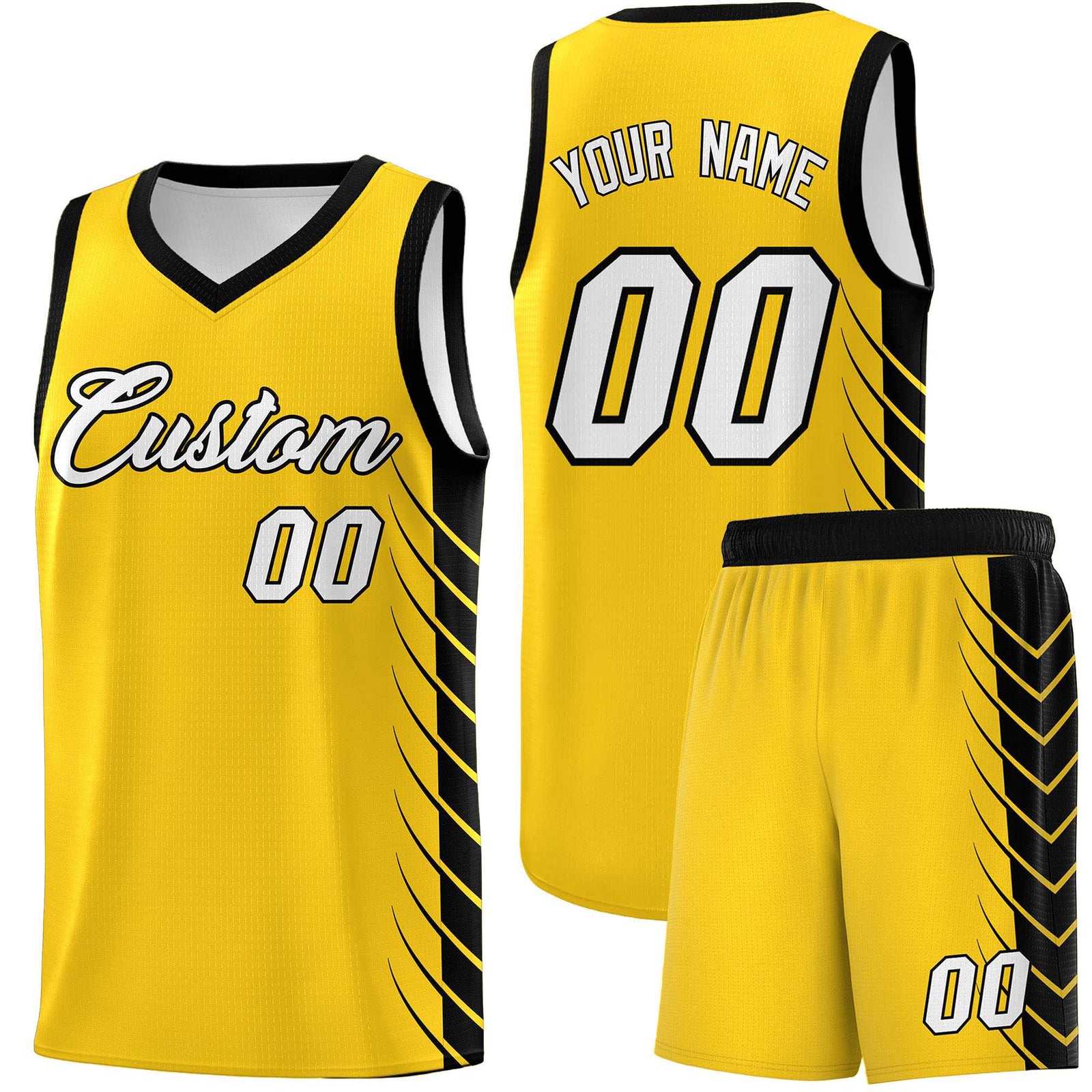 Custom Gold Black Personalized Side Symmetrical Line Pattern Sports Uniform Basketball Jersey