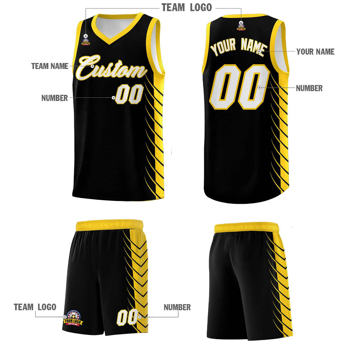 Custom Black Gold Personalized Side Symmetrical Line Pattern Sports Uniform Basketball Jersey