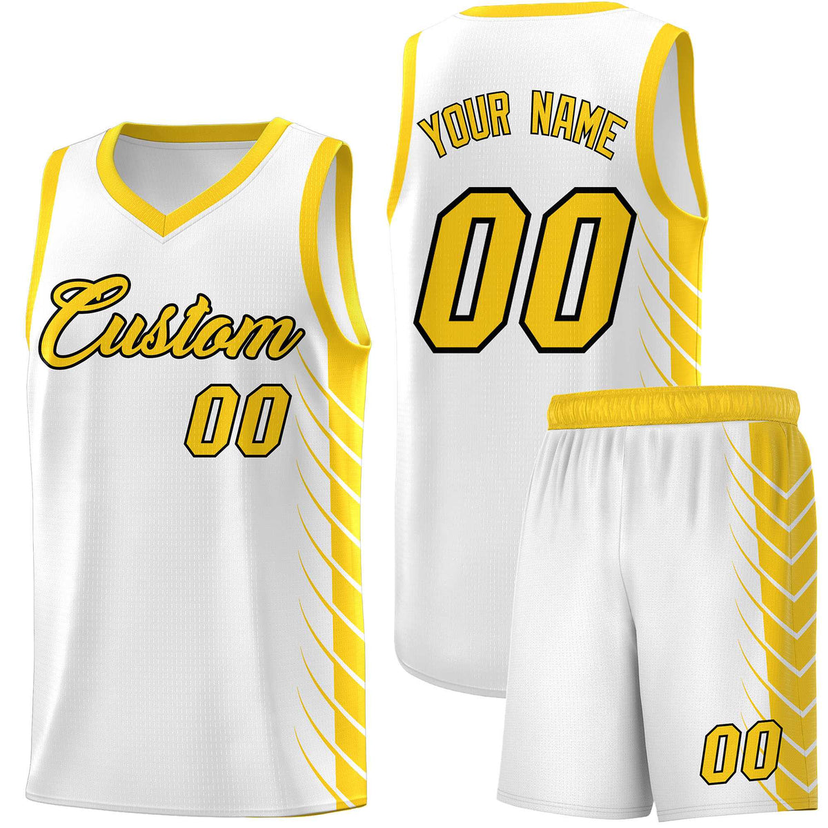Custom White Gold Personalized Side Symmetrical Line Pattern Sports Uniform Basketball Jersey