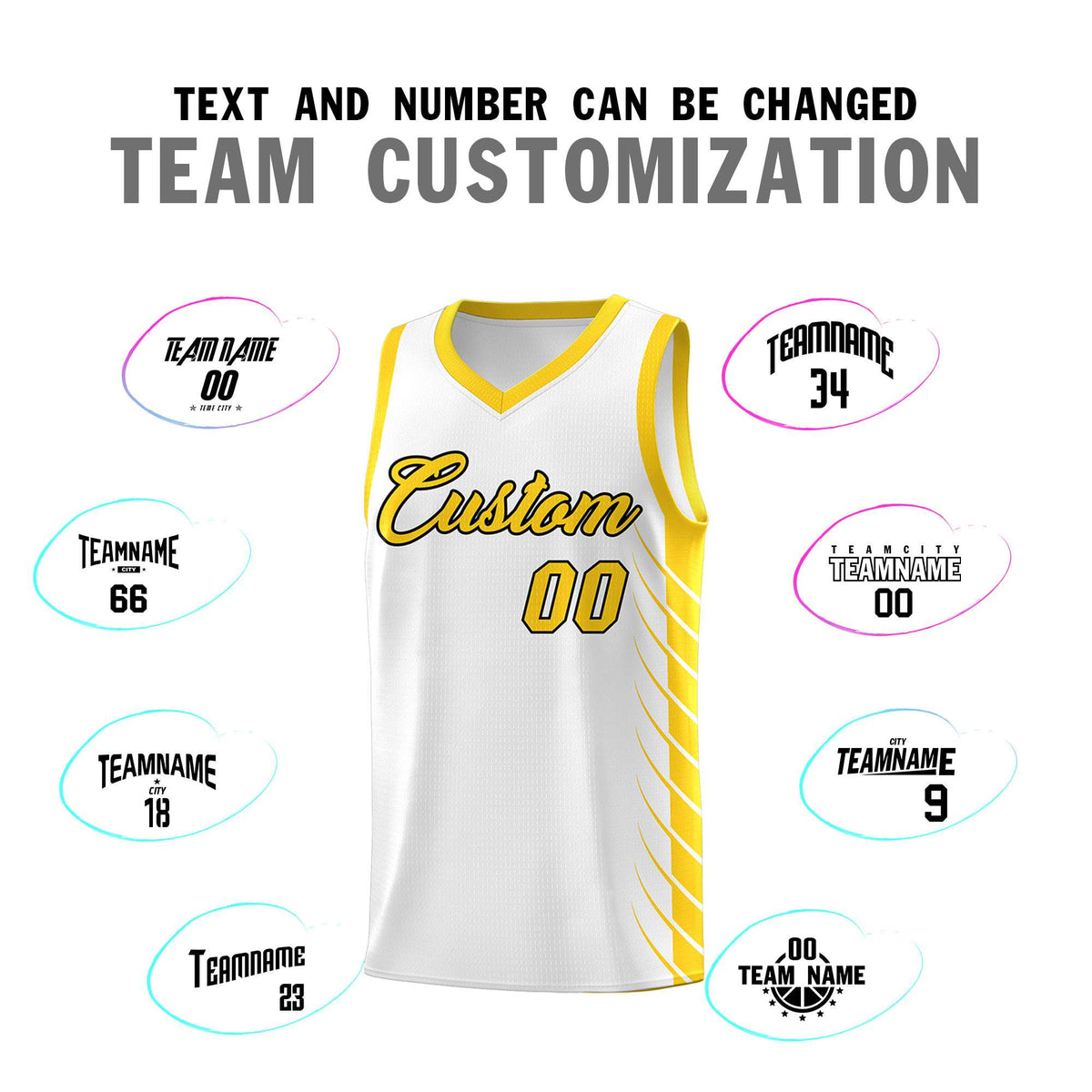 Custom White Gold Personalized Side Symmetrical Line Pattern Sports Uniform Basketball Jersey