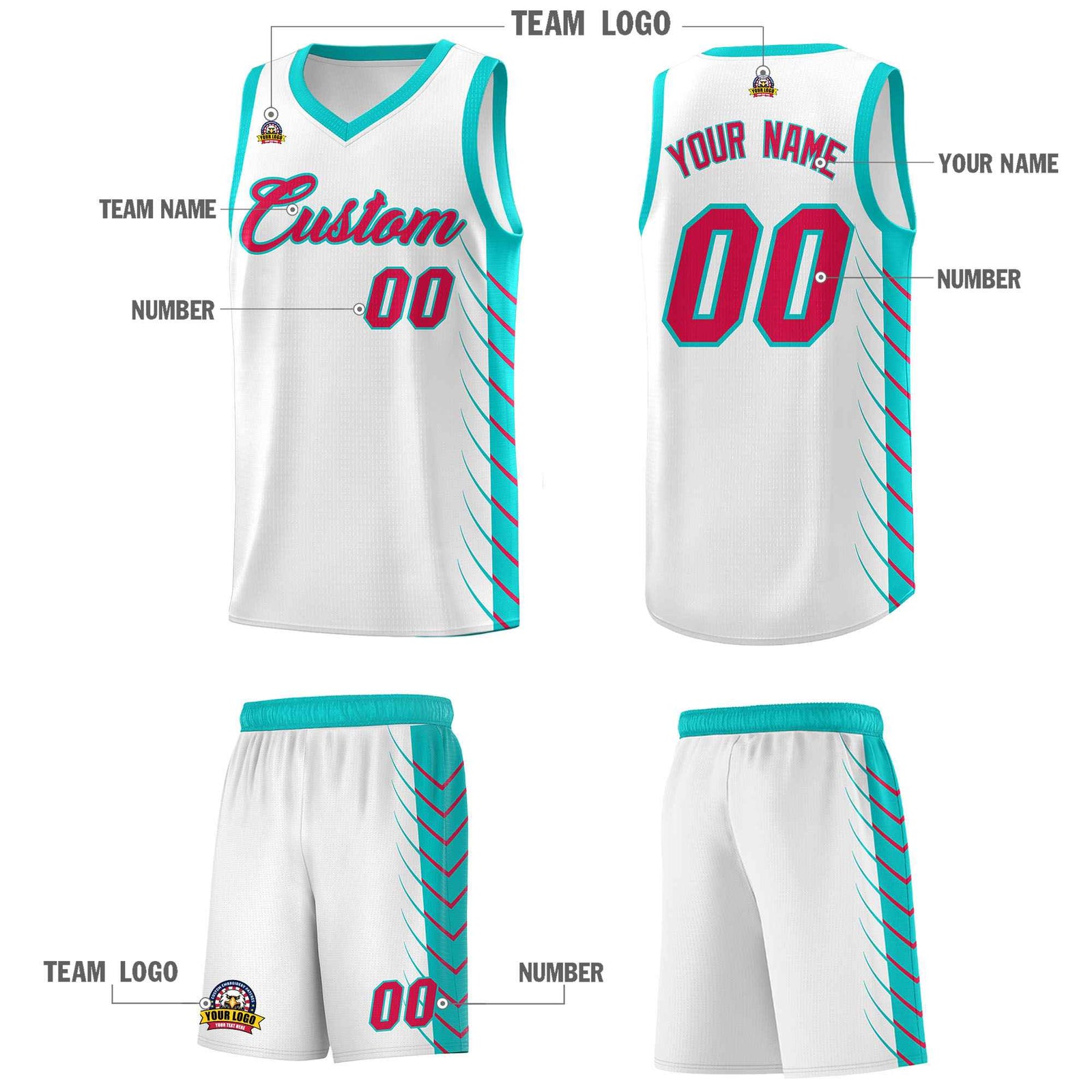 Custom White Aqua Personalized Side Symmetrical Line Pattern Sports Uniform Basketball Jersey