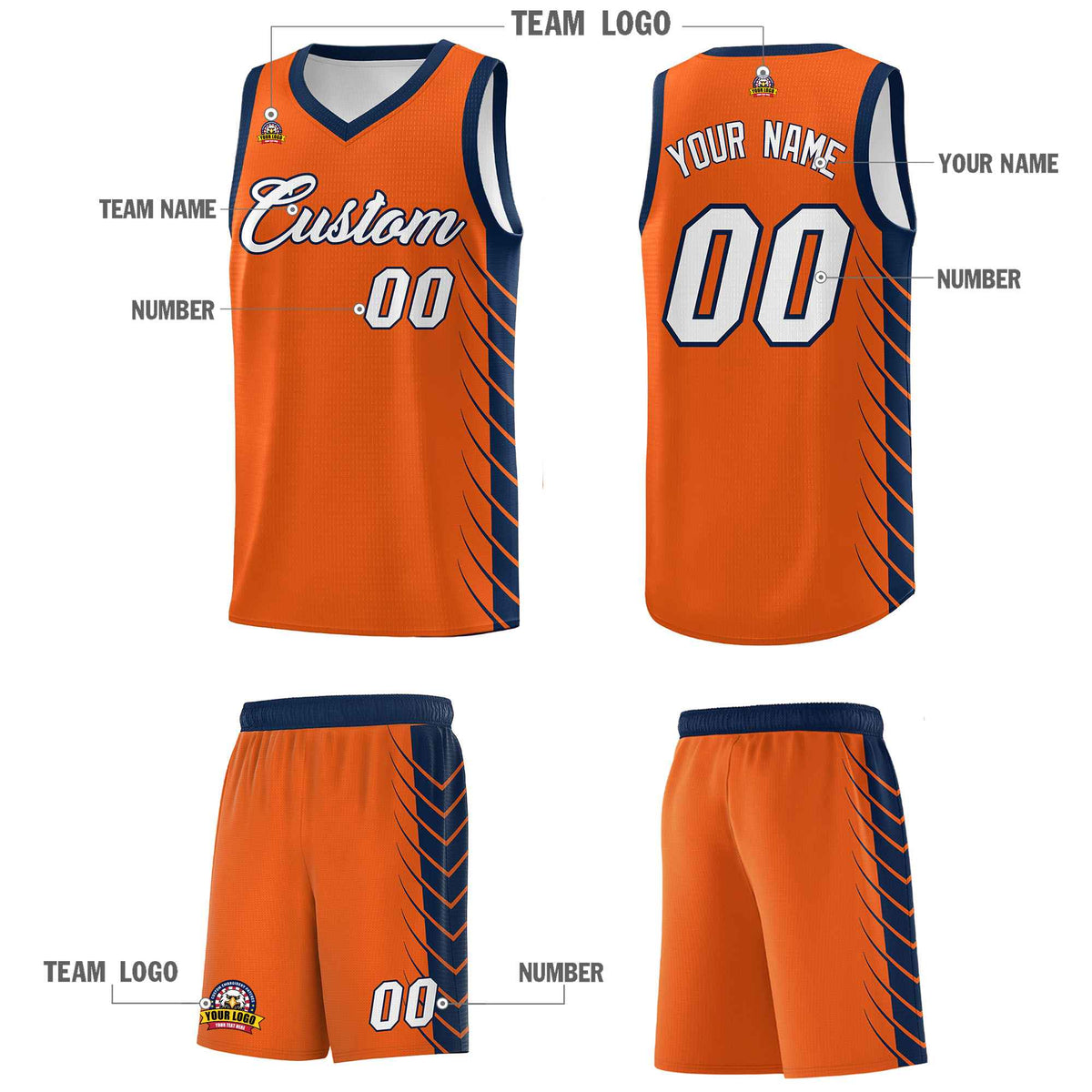 Custom Orange Navy Personalized Side Symmetrical Line Pattern Sports Uniform Basketball Jersey