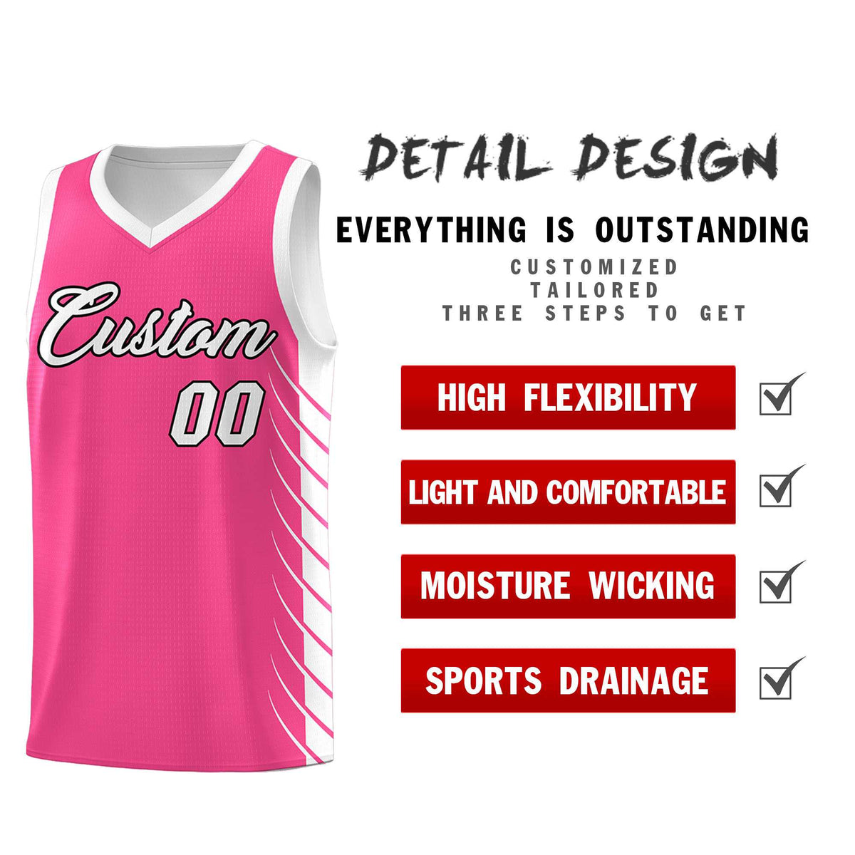 Custom Pink White Personalized Side Symmetrical Line Pattern Sports Uniform Basketball Jersey